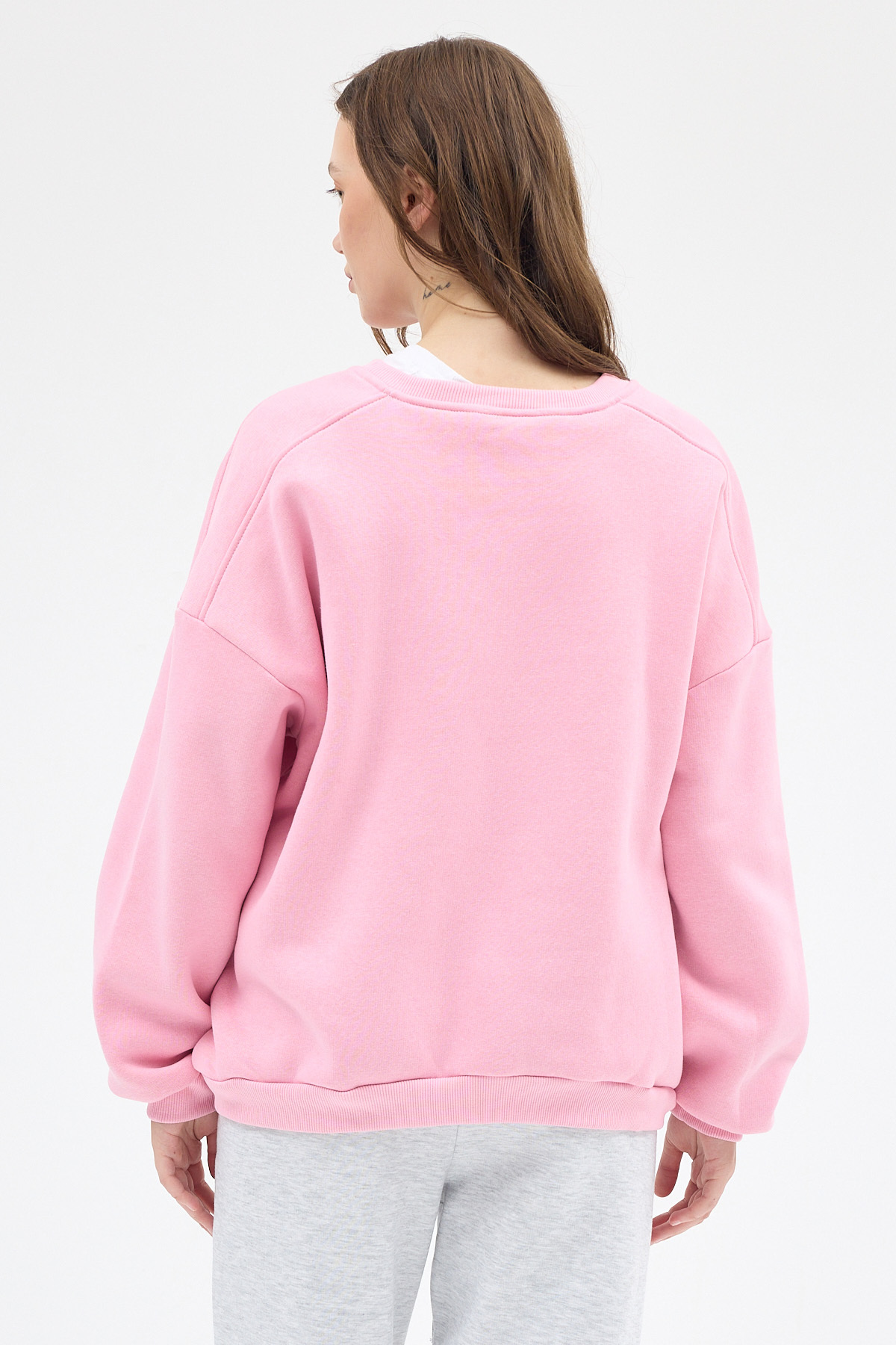 Kadın Pamuklu İçi Polarlı Oversize Yuvarlak Yakalı Pembe Sweatshirt 9152M - 5