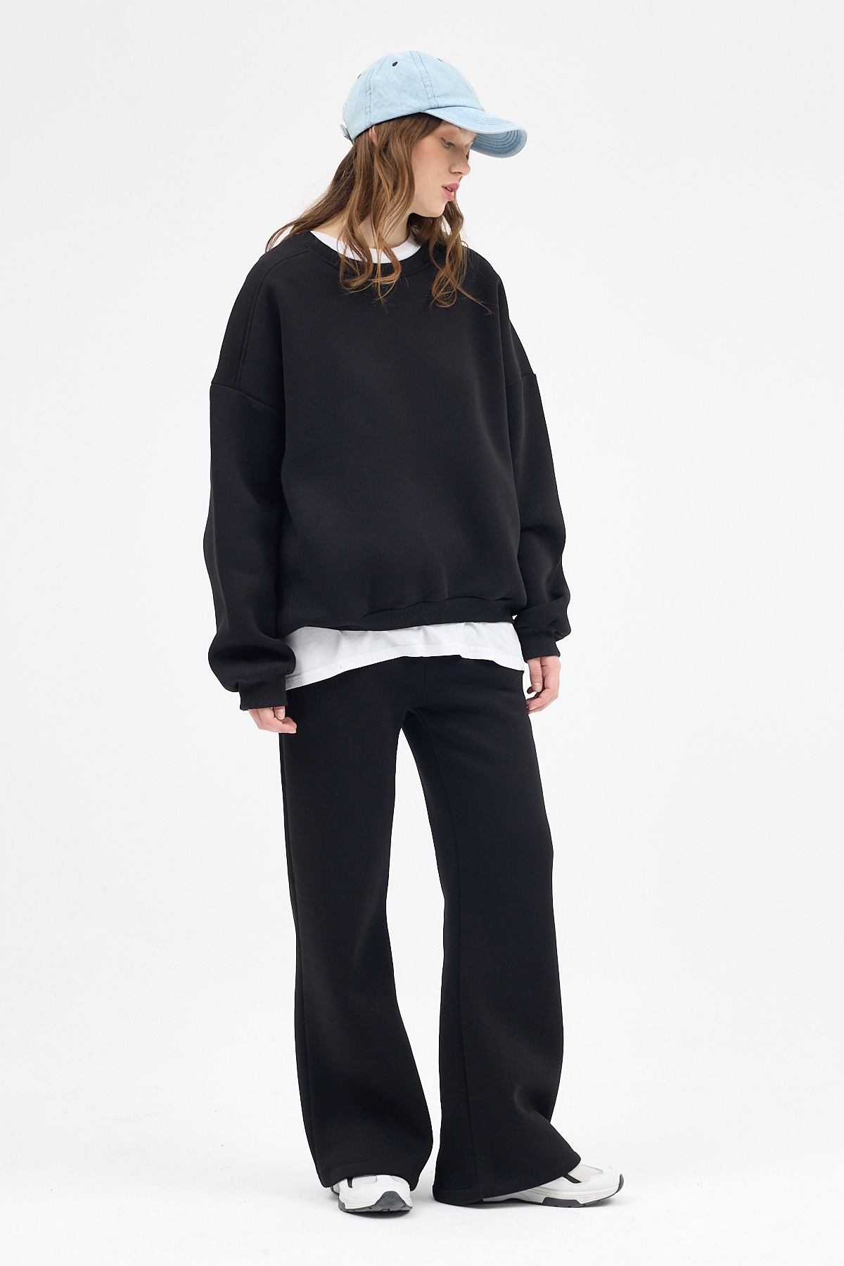 Kadın Pamuklu İçi Polarlı Oversize Yuvarlak Yakalı Siyah Sweatshirt 9152M - 3