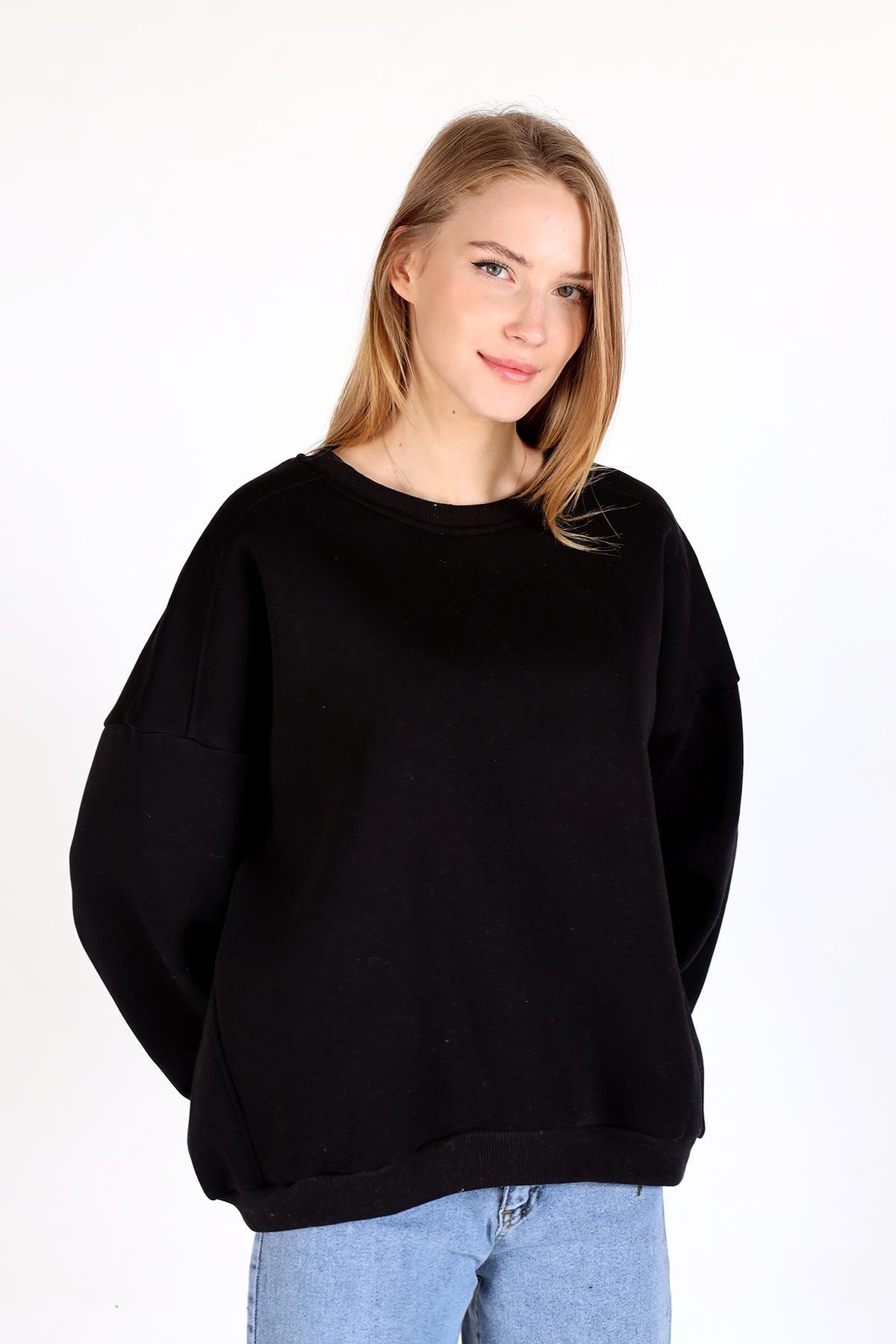 Siyah Bisiklet Yaka Oversize Kadın Sweatshirt 9152M 