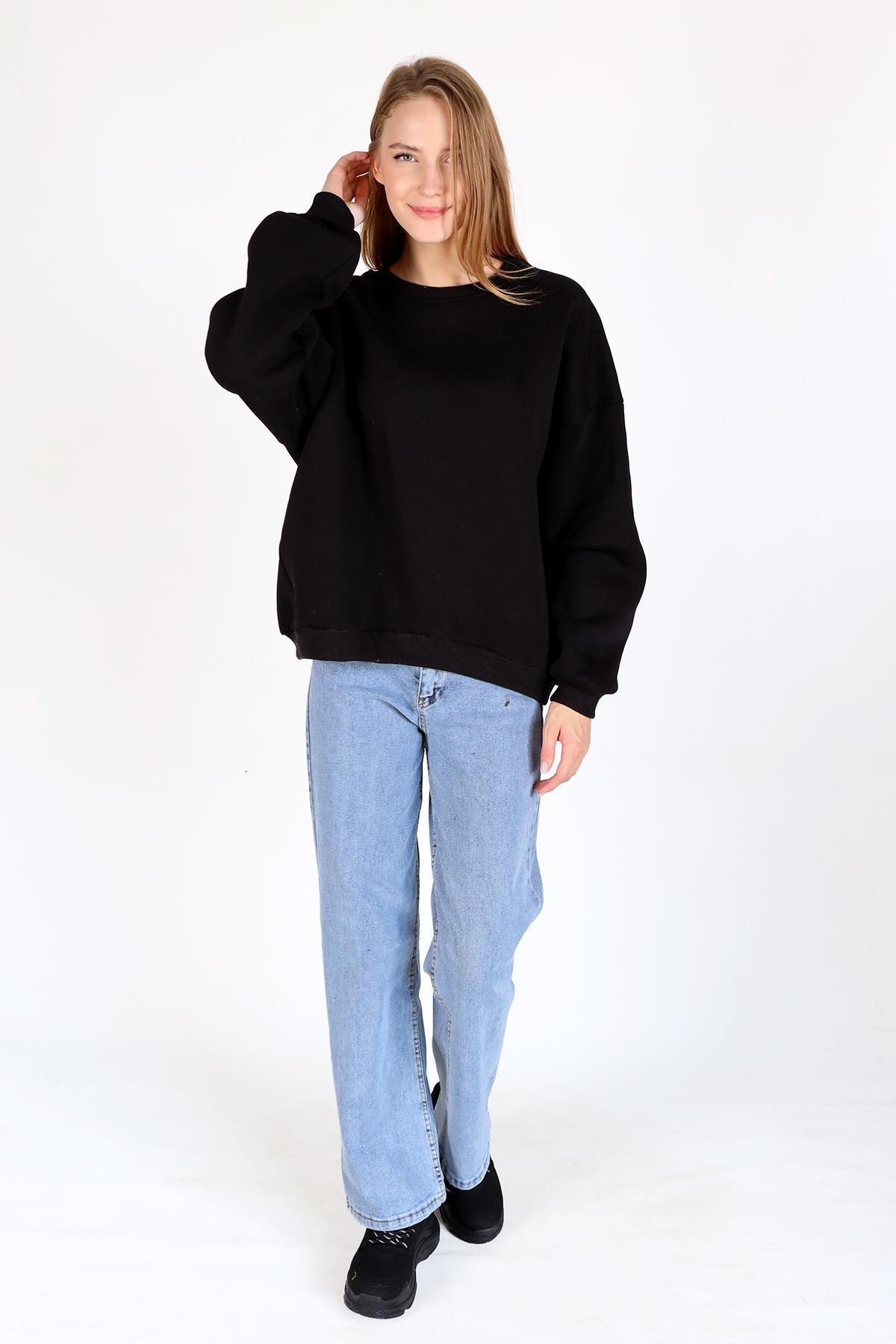 Siyah Bisiklet Yaka Oversize Kadın Sweatshirt 9152M - 2