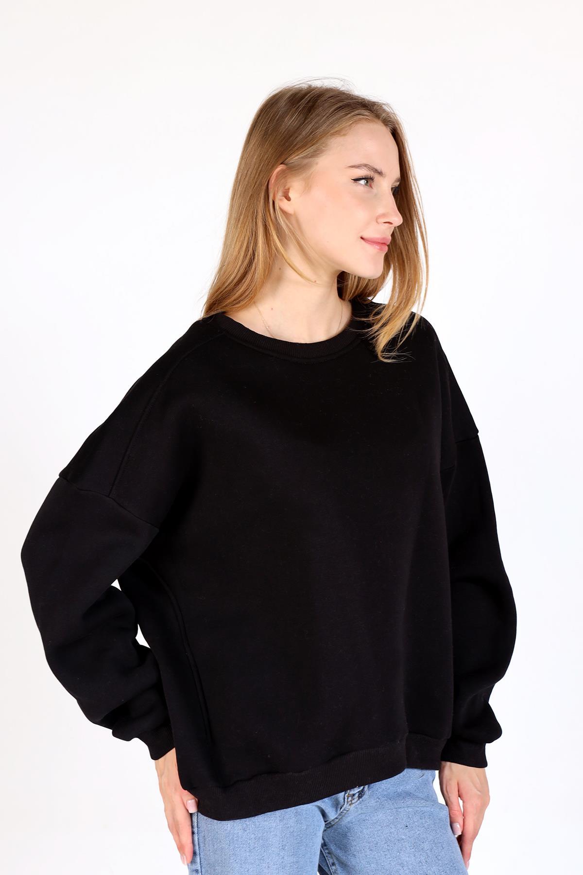 Siyah Bisiklet Yaka Oversize Kadın Sweatshirt 9152M - 3