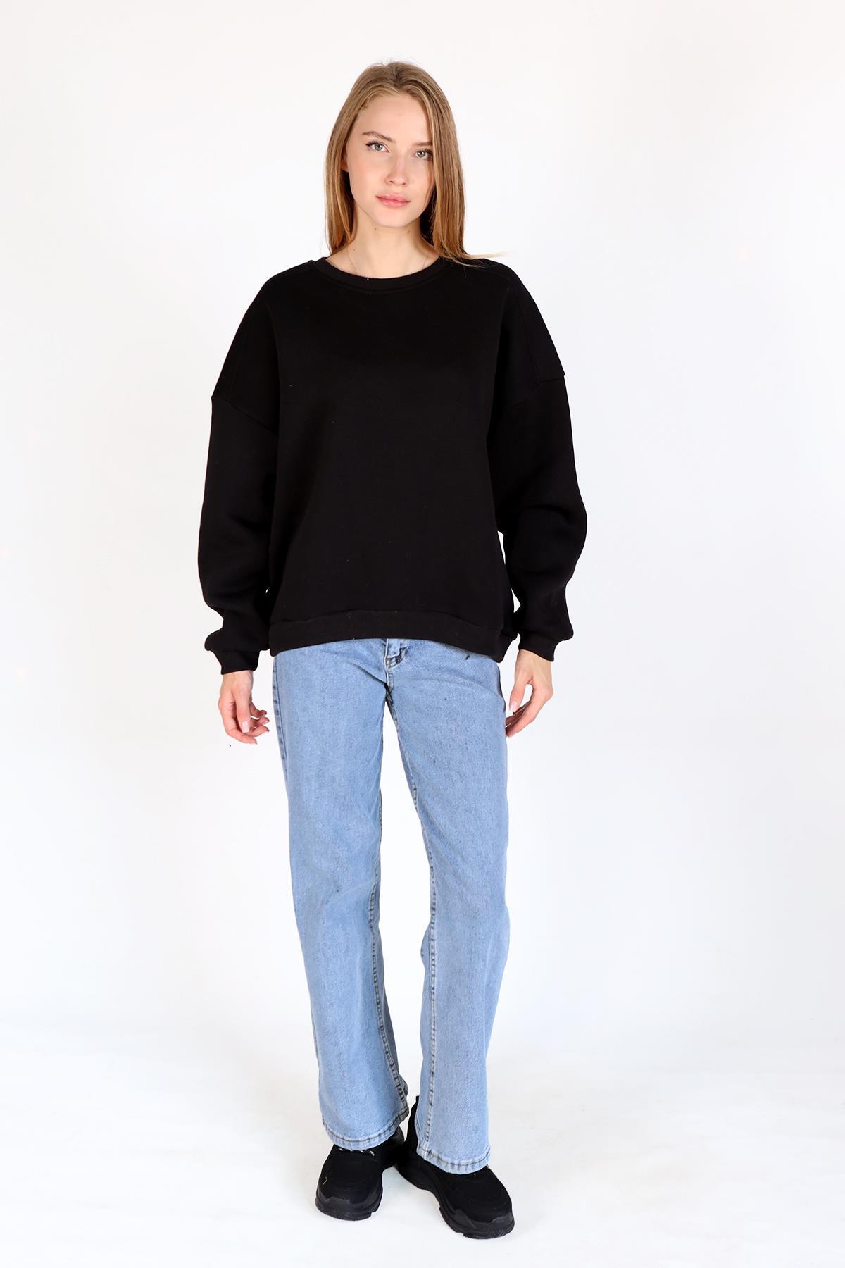 Siyah Bisiklet Yaka Oversize Kadın Sweatshirt 9152M - 4