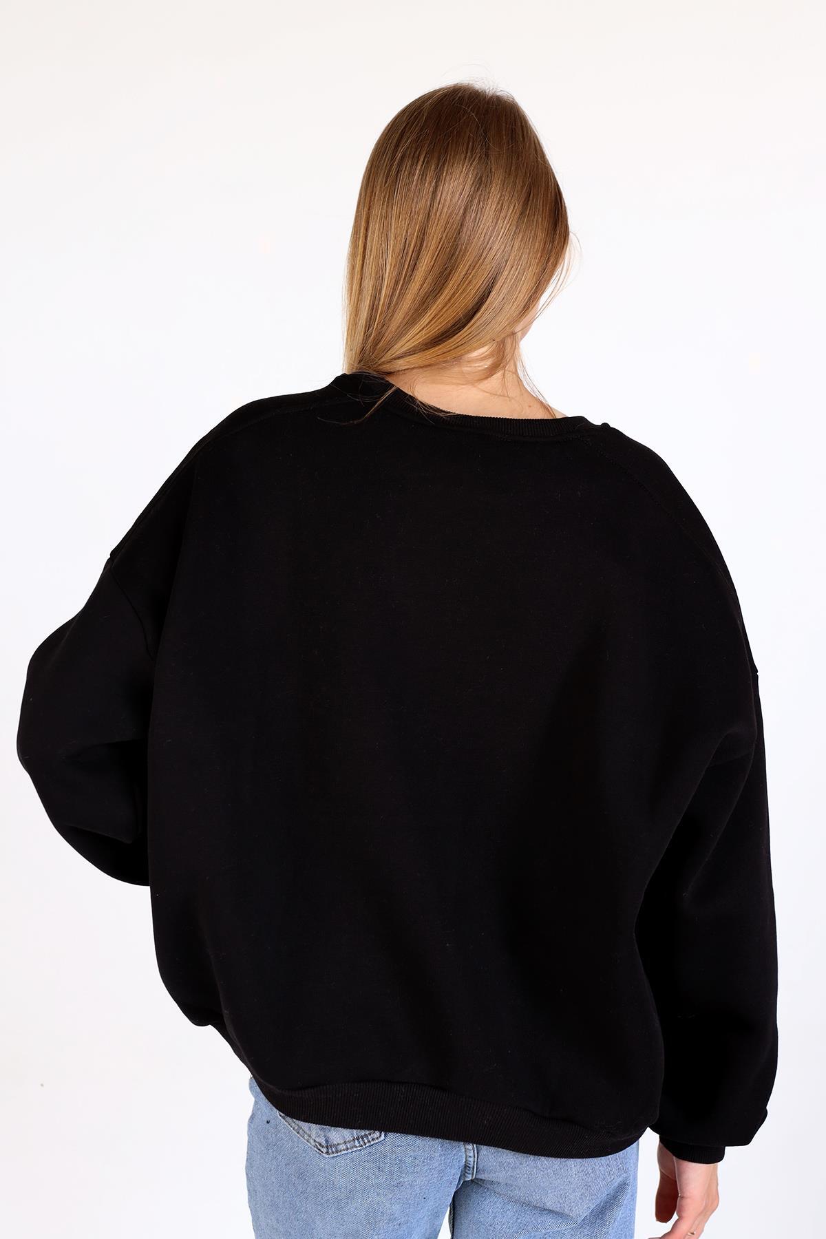 Siyah Bisiklet Yaka Oversize Kadın Sweatshirt 9152M - 5