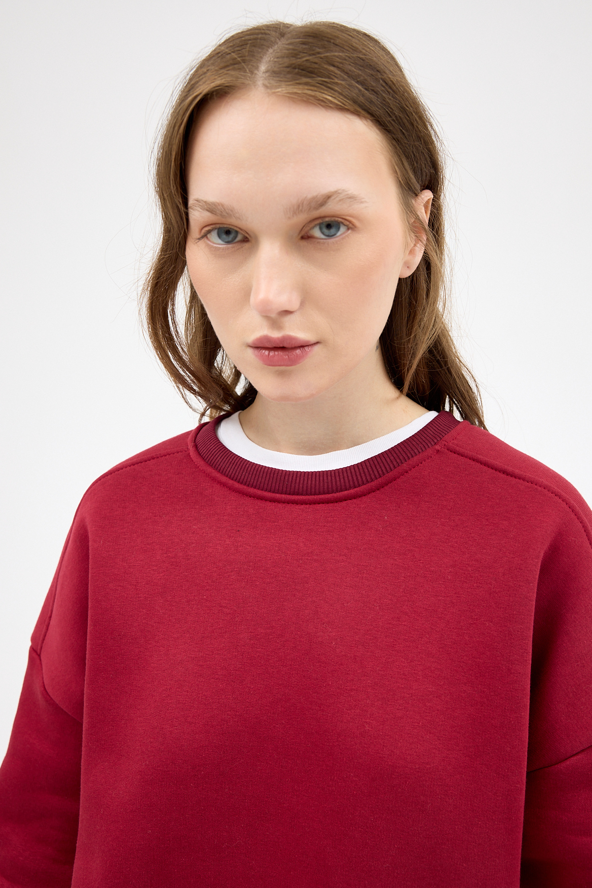 Kadın Pamuklu İçi Polarlı Oversize Yuvarlak Yakalı Bordo Sweatshirt 9152M - RAYS