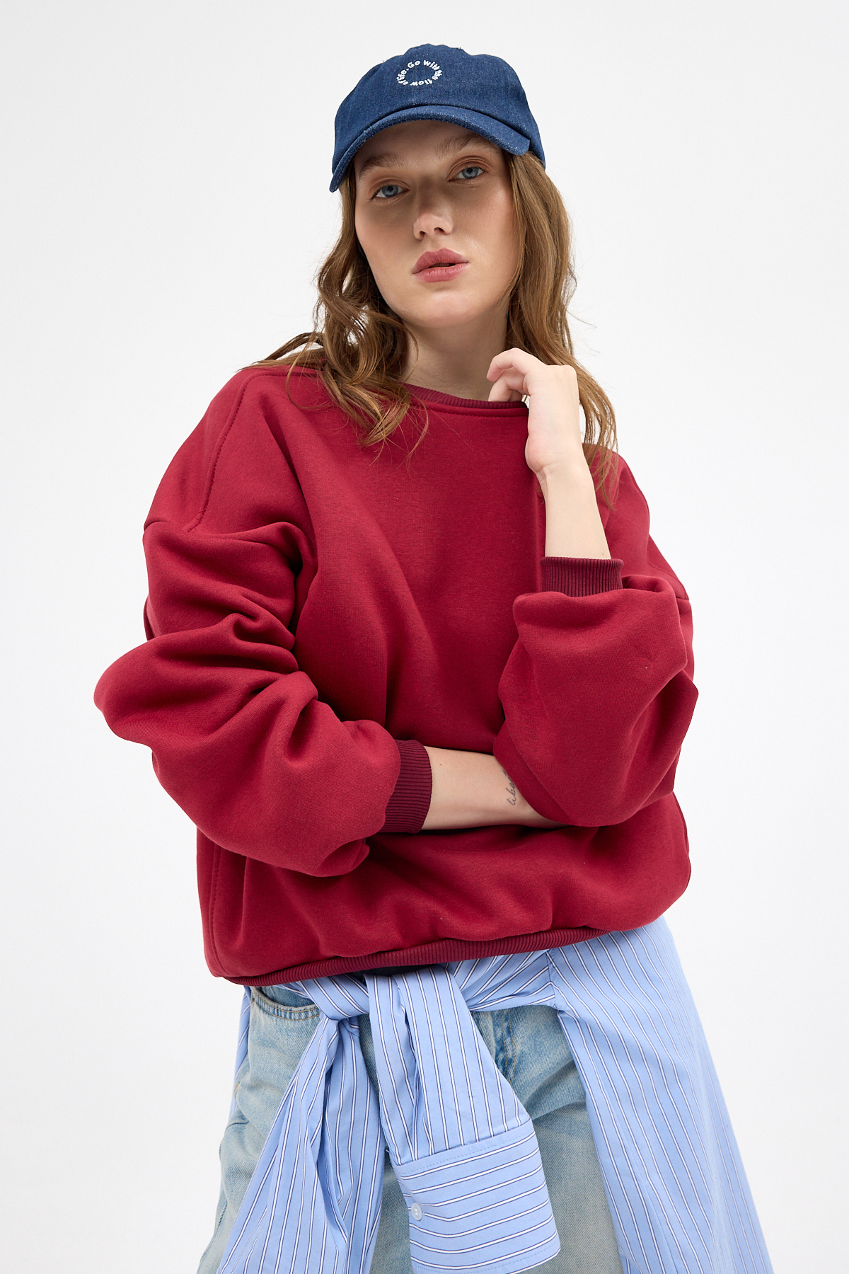Kadın Pamuklu İçi Polarlı Oversize Yuvarlak Yakalı Bordo Sweatshirt 9152M - 6