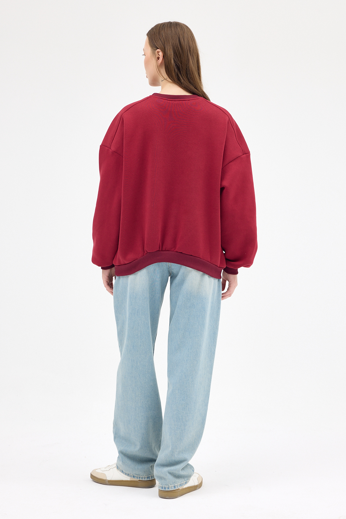 Kadın Pamuklu İçi Polarlı Oversize Yuvarlak Yakalı Bordo Sweatshirt 9152M - 5