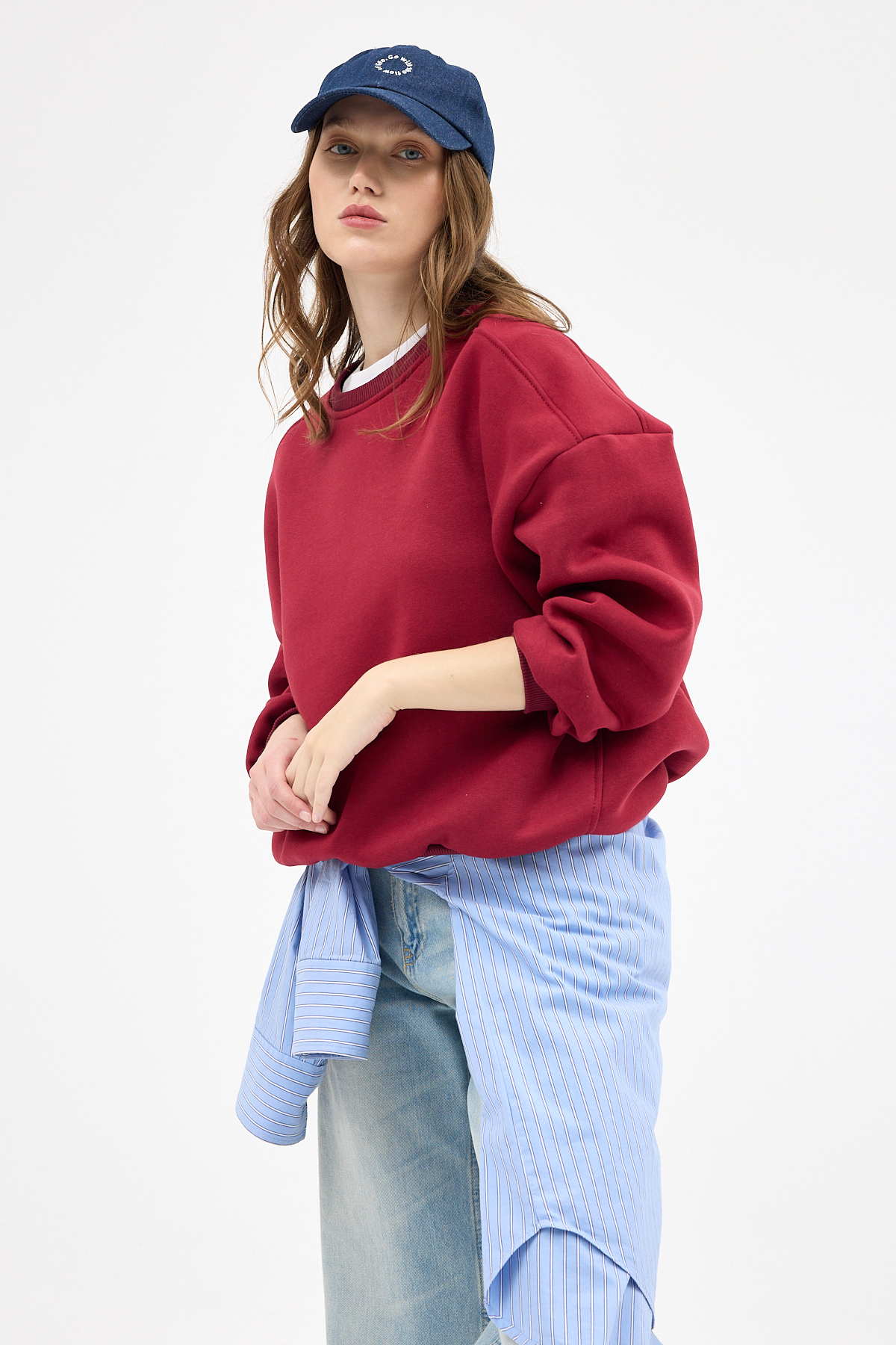 Kadın Pamuklu İçi Polarlı Oversize Yuvarlak Yakalı Bordo Sweatshirt 9152M - 7