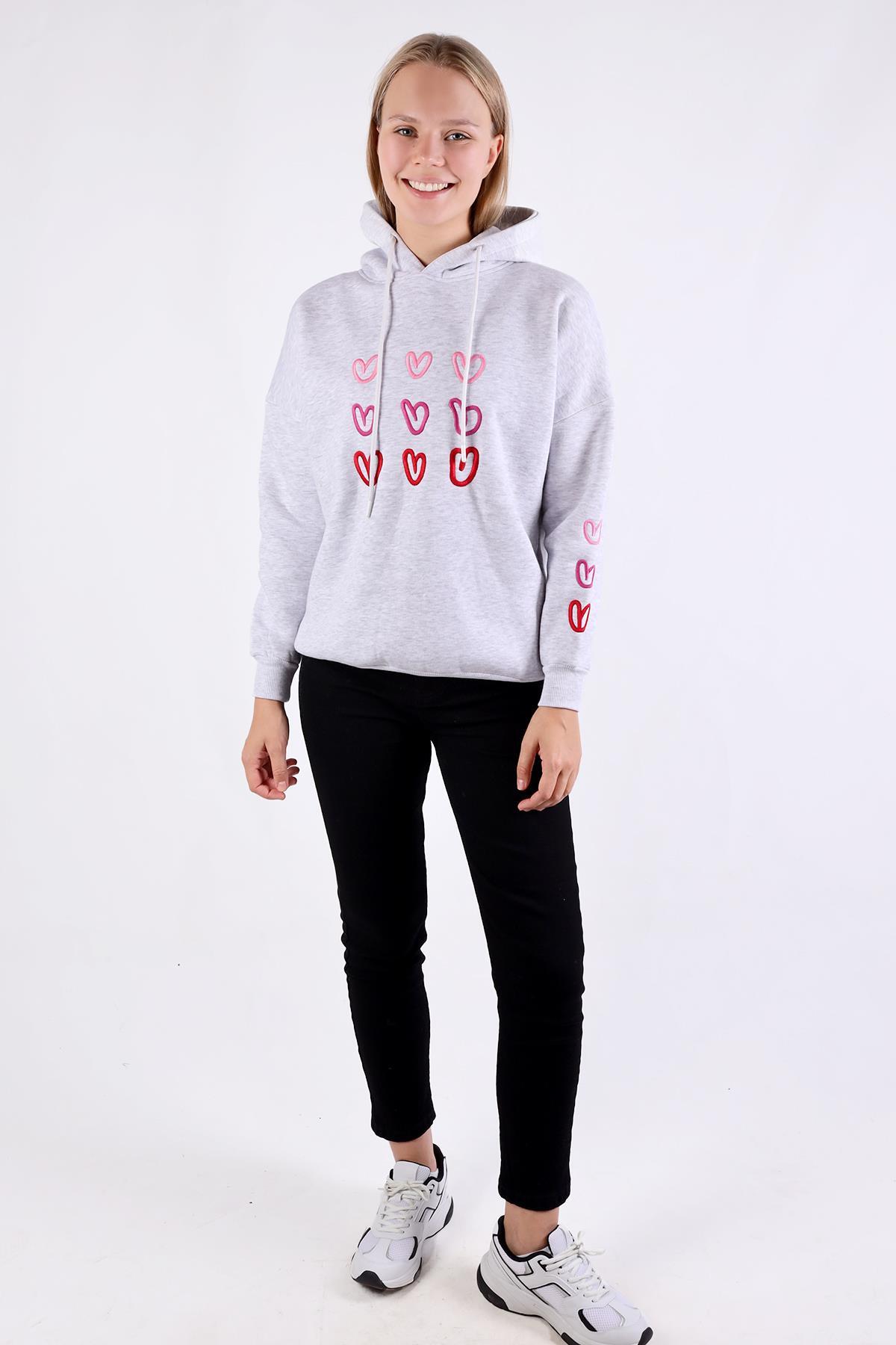 9154M Kalp Nakışlı Sweat Gri - 1