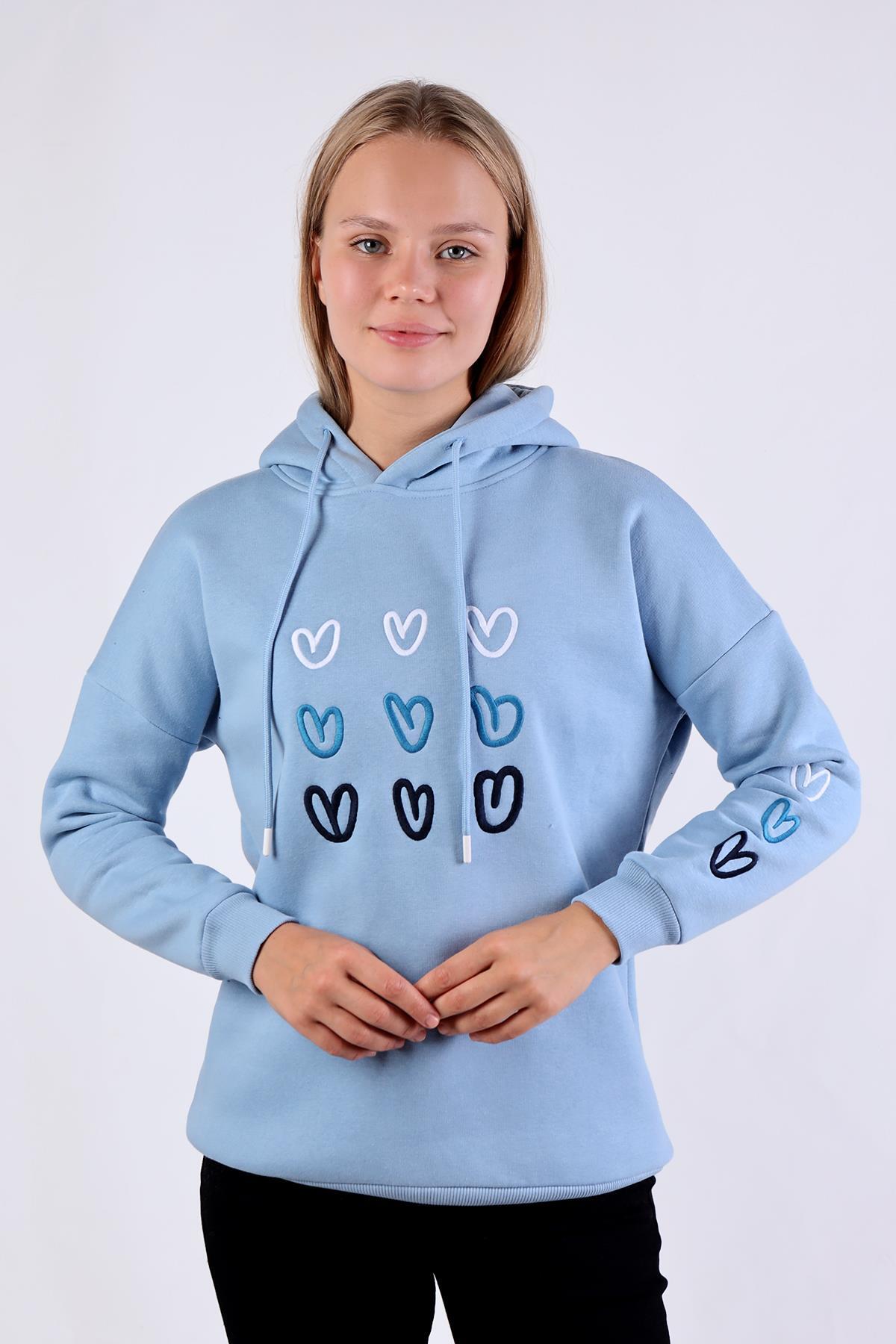 9154M Kalp Nakışlı Sweat Mavi 