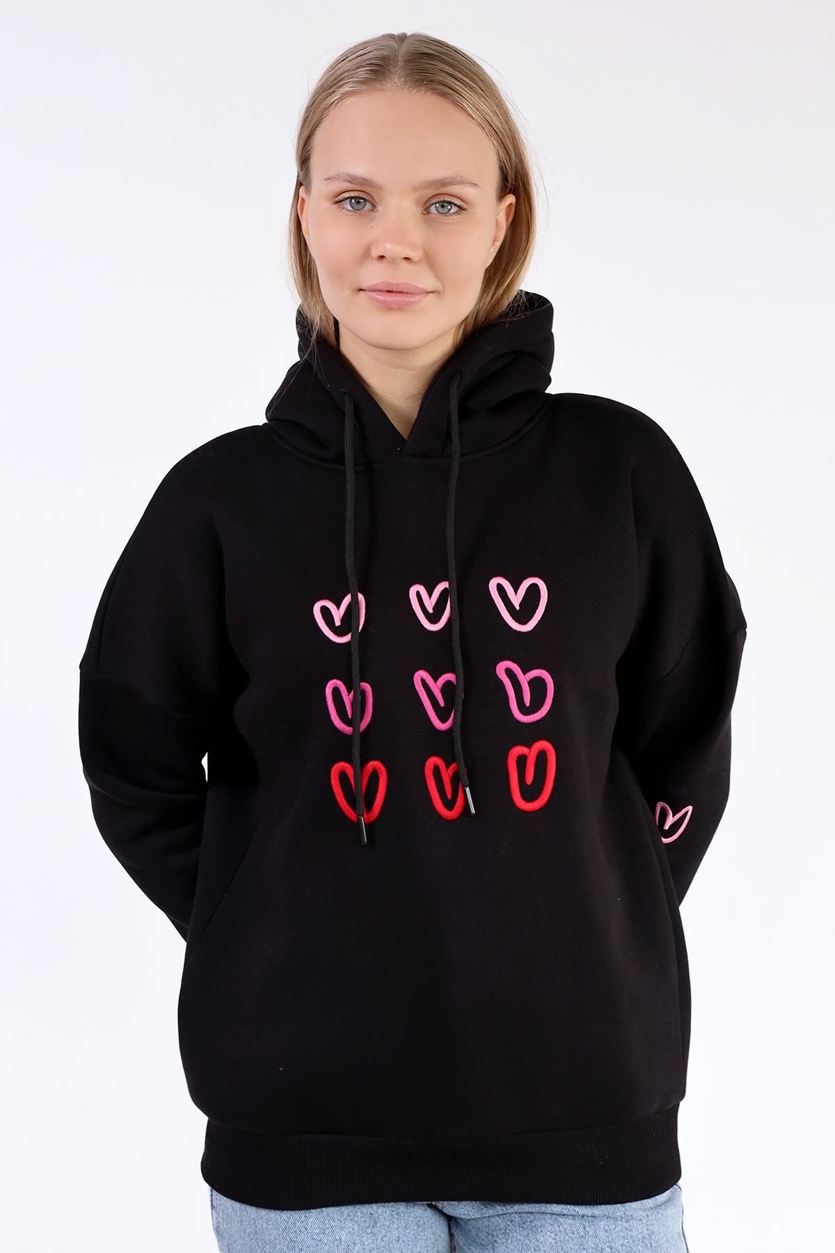 Siyah Kalp Nakışlı Sweat 9154M 