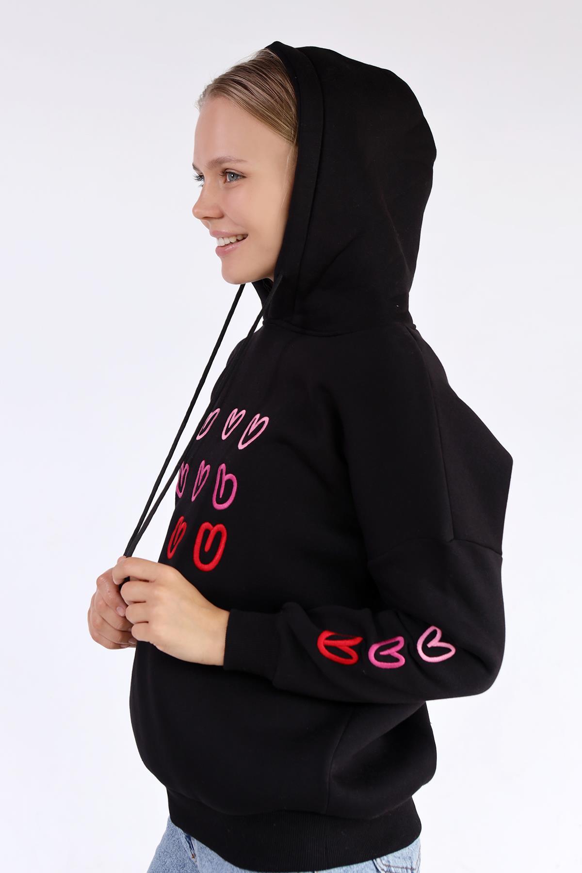 Siyah Kalp Nakışlı Sweat 9154M - 2