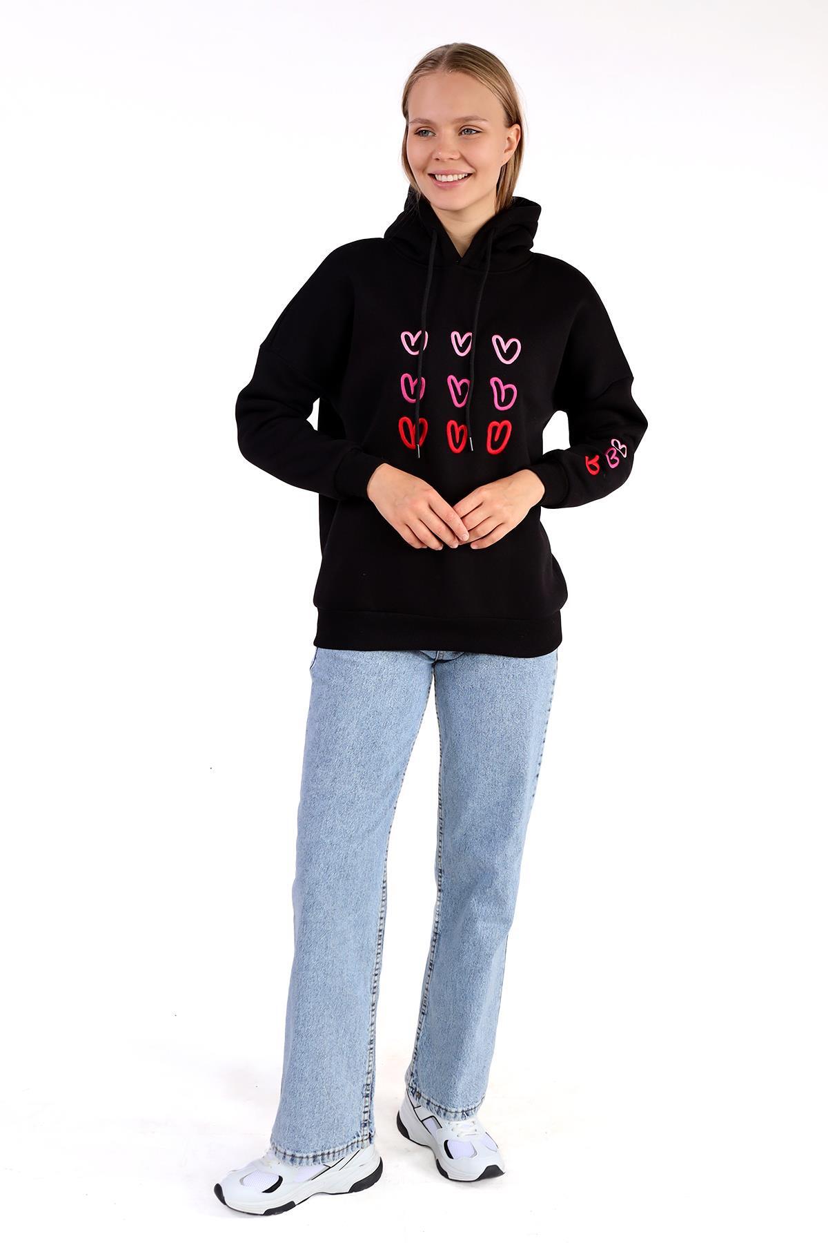 Siyah Kalp Nakışlı Sweat 9154M - 3