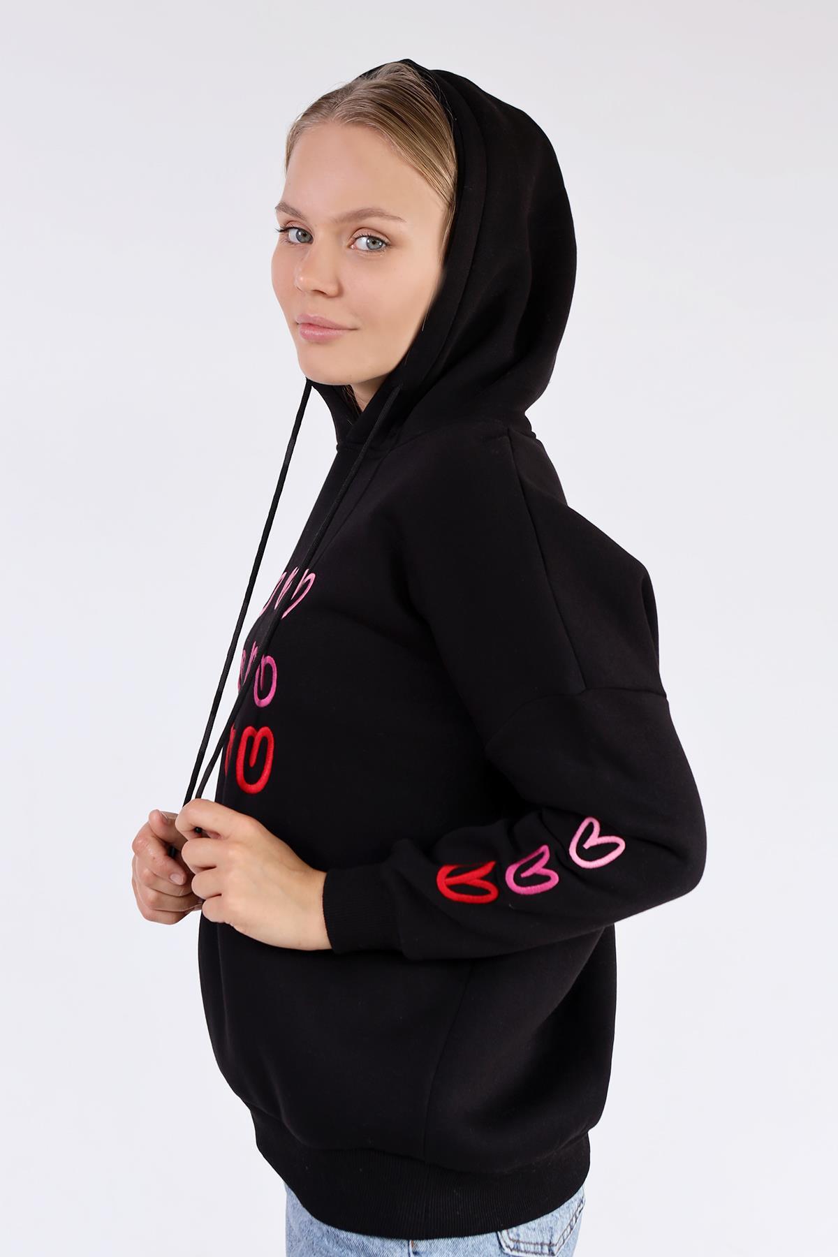 Siyah Kalp Nakışlı Sweat 9154M - 8