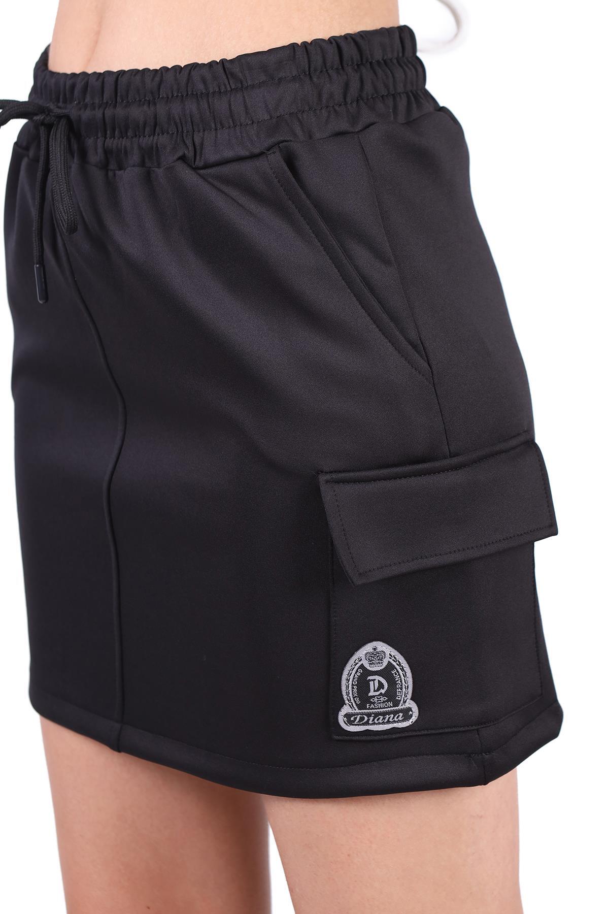 Siyah Bağlama Detay Cepli Kısa Etek 9157M - 4