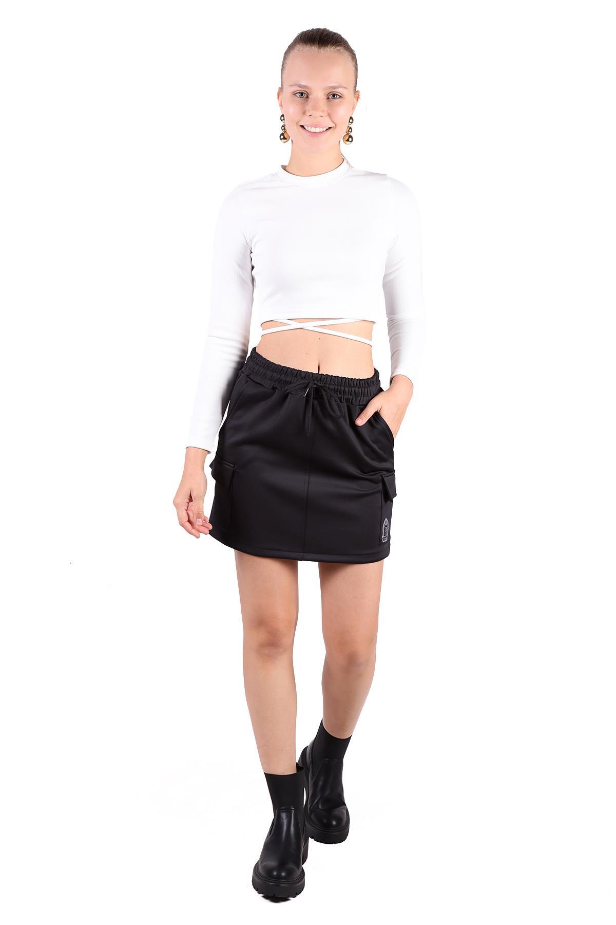 Siyah Bağlama Detay Cepli Kısa Etek 9157M - 8