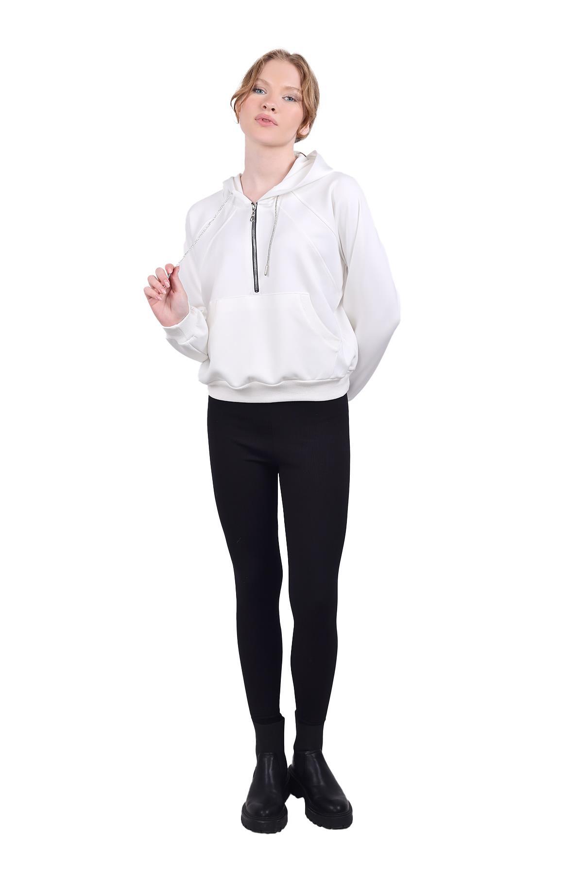 Beyaz Yarım Fermuar Detay Sweat 9162M - 2