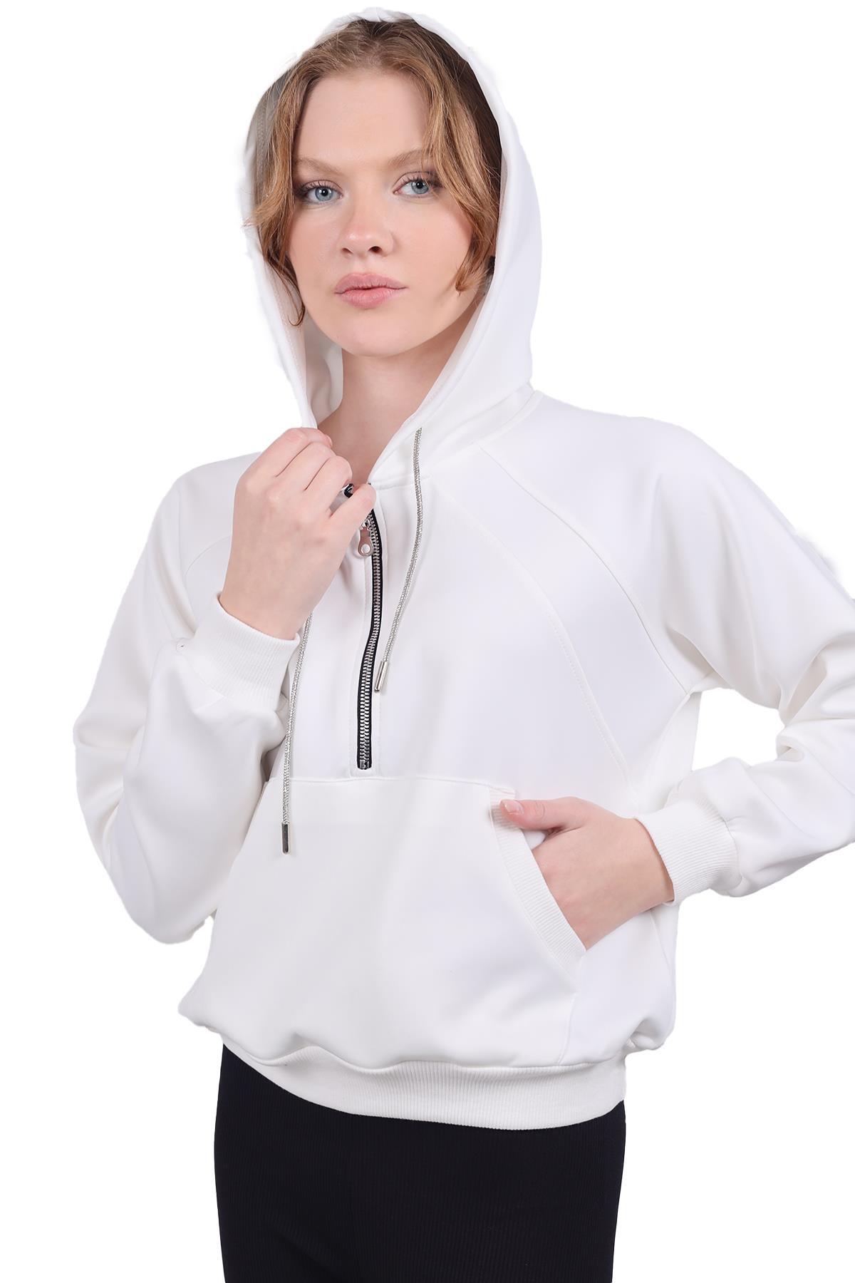 Beyaz Yarım Fermuar Detay Sweat 9162M - 3