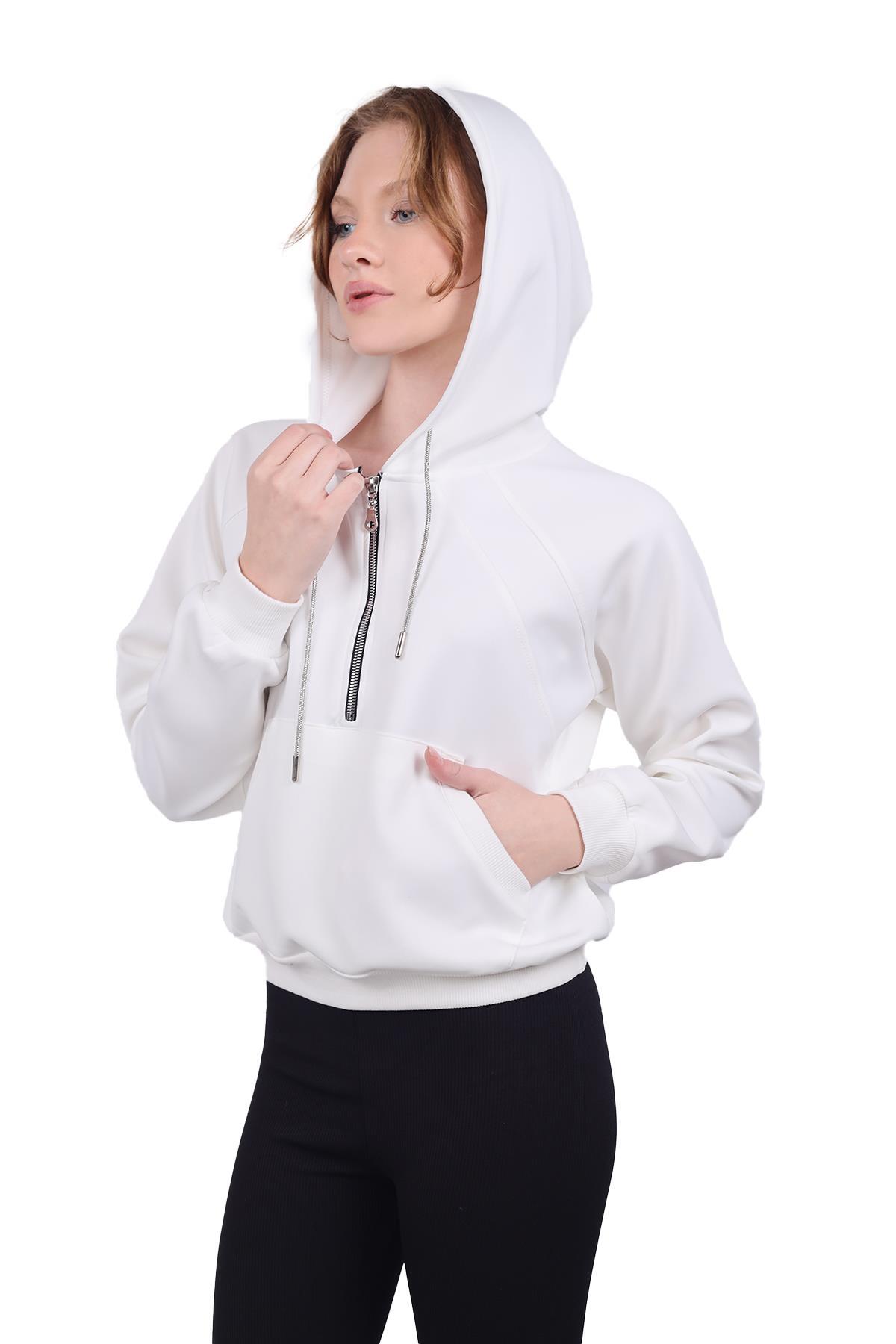 Beyaz Yarım Fermuar Detay Sweat 9162M - 8