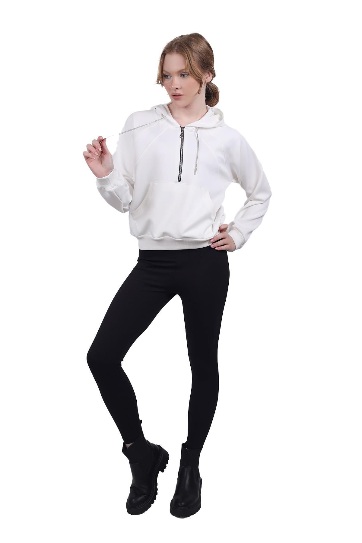 Beyaz Yarım Fermuar Detay Sweat 9162M - 7