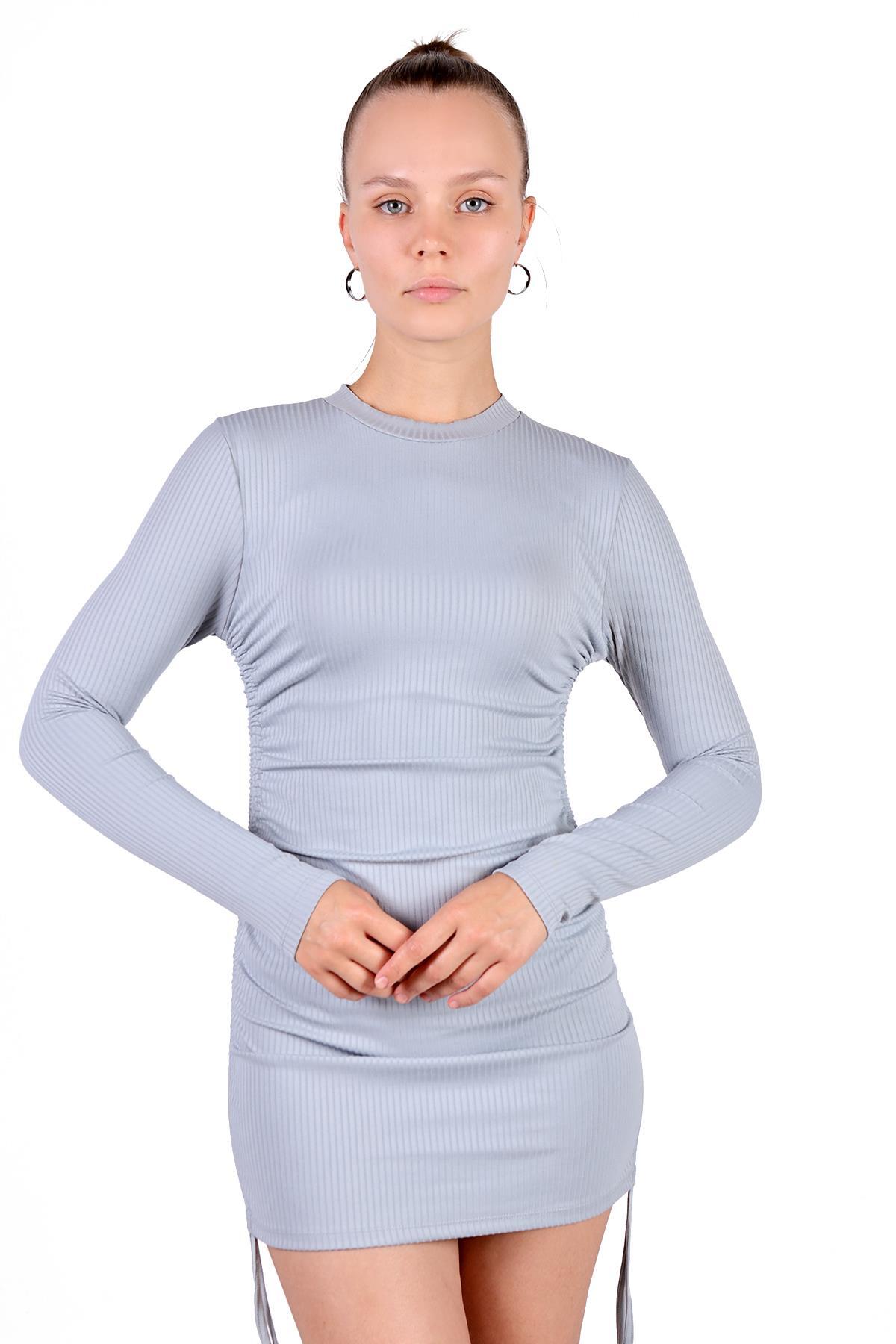 Gri Yan Büzgülü Fitilli Elbise 9164M - 3