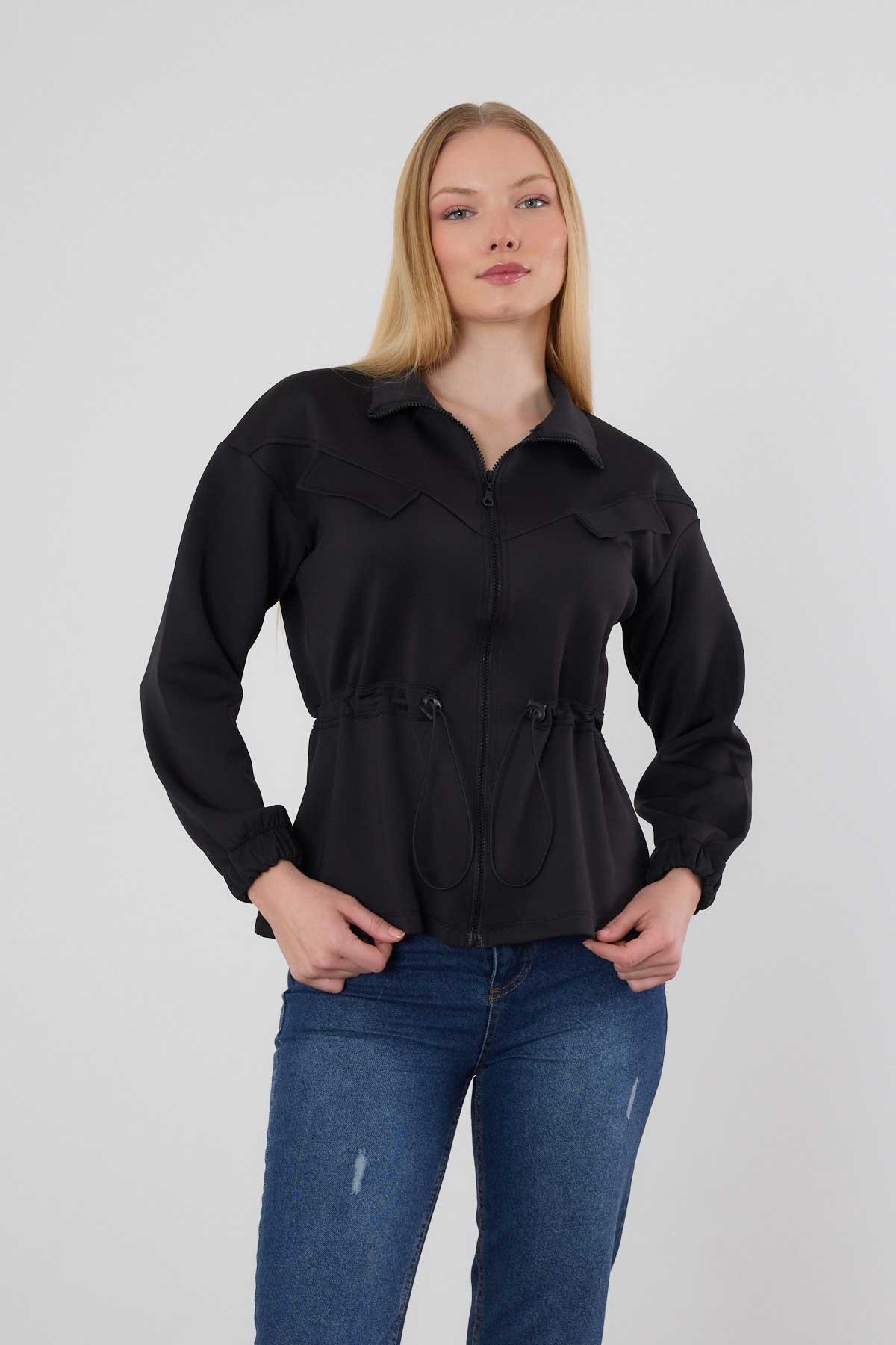 Siyah Bel Lastik Fermuarlı Sweat 9167M - 1