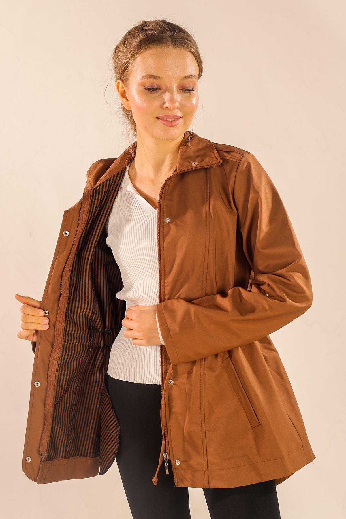 9168 Bel Büzgülü Kol Katlama Trençkot Kahve - 2