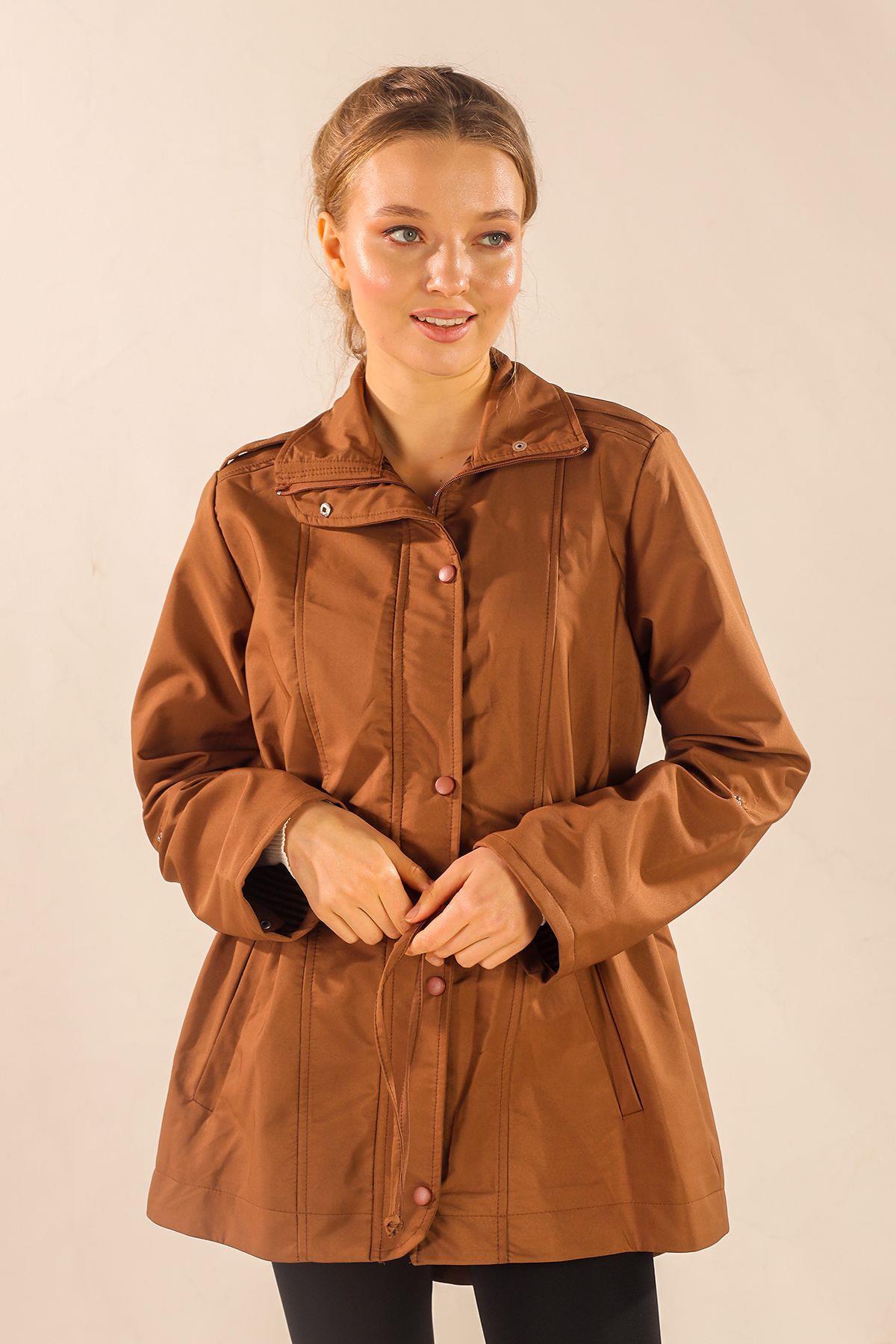 9168 Bel Büzgülü Kol Katlama Trençkot Kahve - 1