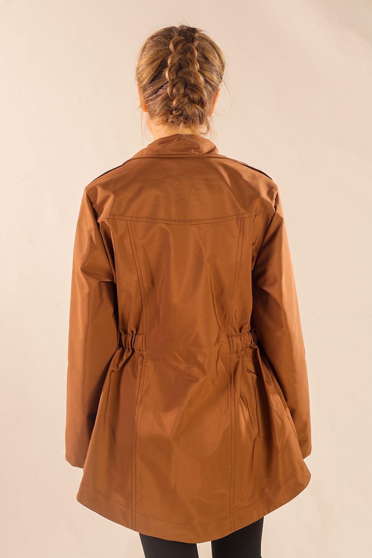 9168 Bel Büzgülü Kol Katlama Trençkot Kahve - 5