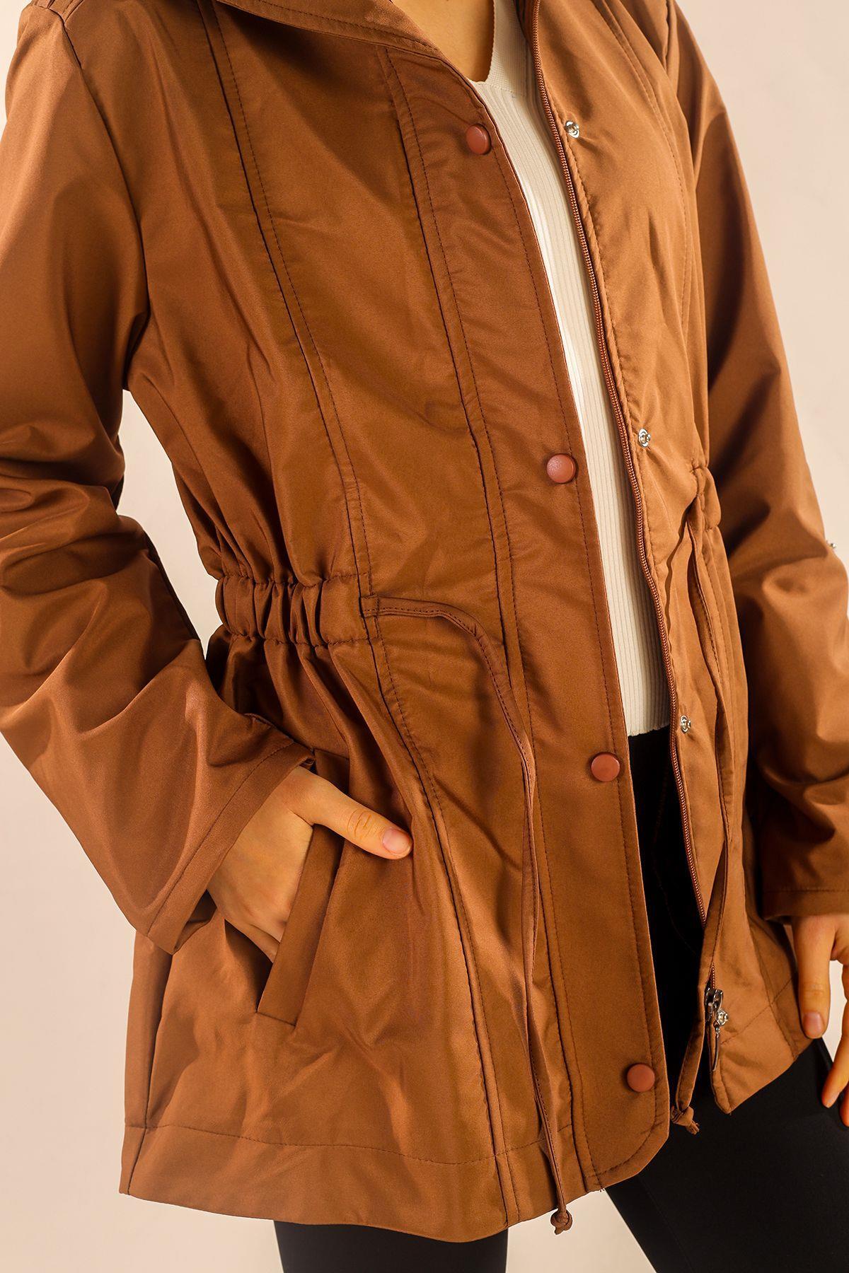 Kahve Bel Büzgülü Kol Katlama Trençkot 9168 - 3