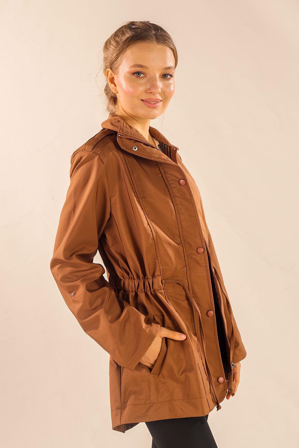 Kahve Bel Büzgülü Kol Katlama Trençkot 9168 - 4