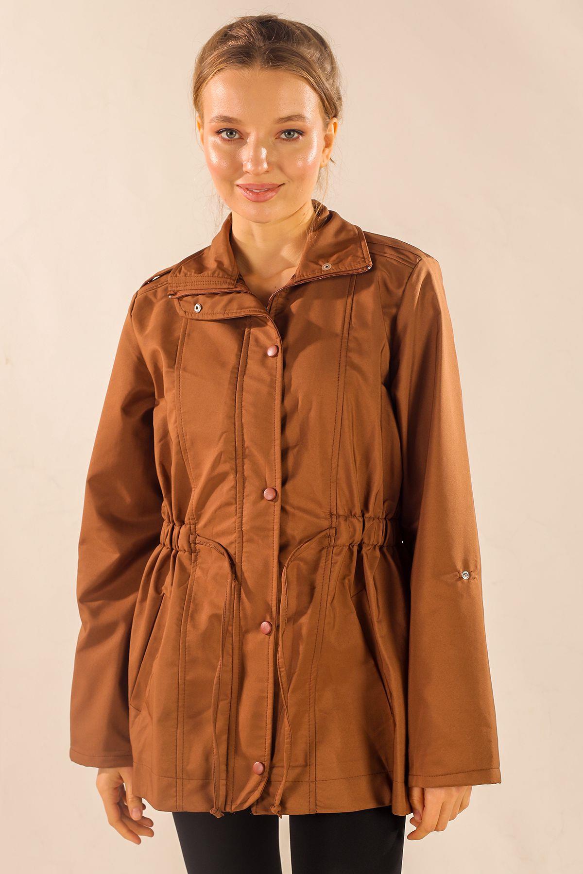 Kahve Bel Büzgülü Kol Katlama Trençkot 9168 - 6