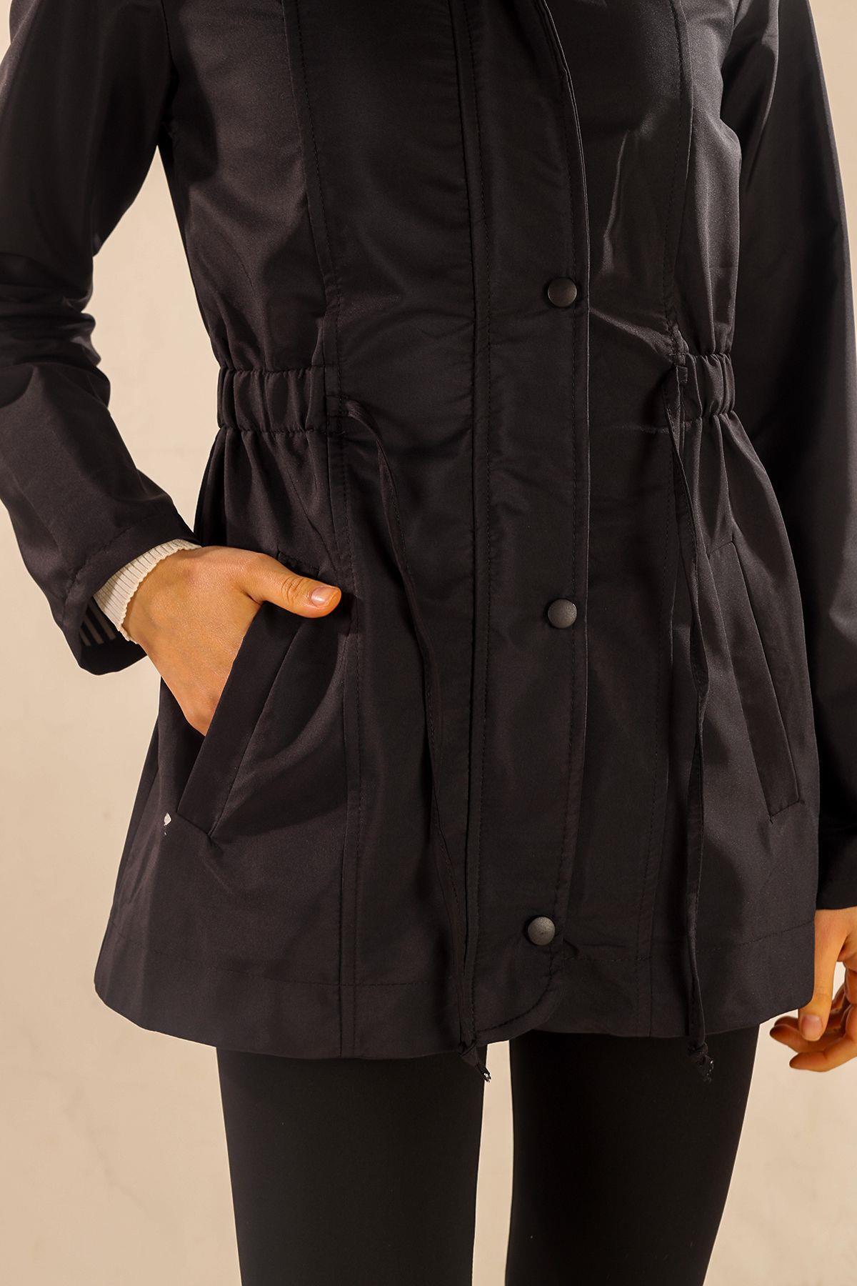 9168 Bel Büzgülü Kol Katlama Trençkot Siyah - 6