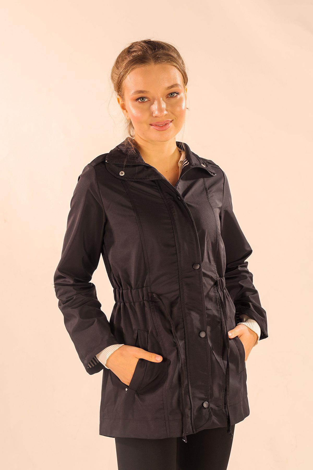 9168 Bel Büzgülü Kol Katlama Trençkot Siyah - 1