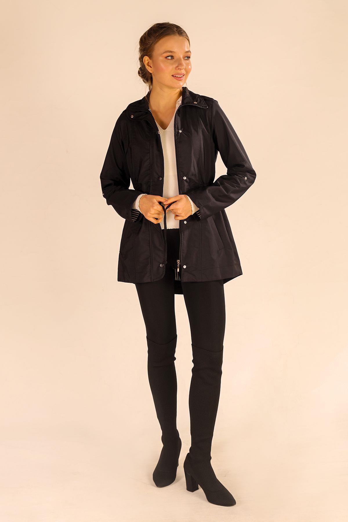 9168 Bel Büzgülü Kol Katlama Trençkot Siyah - 7