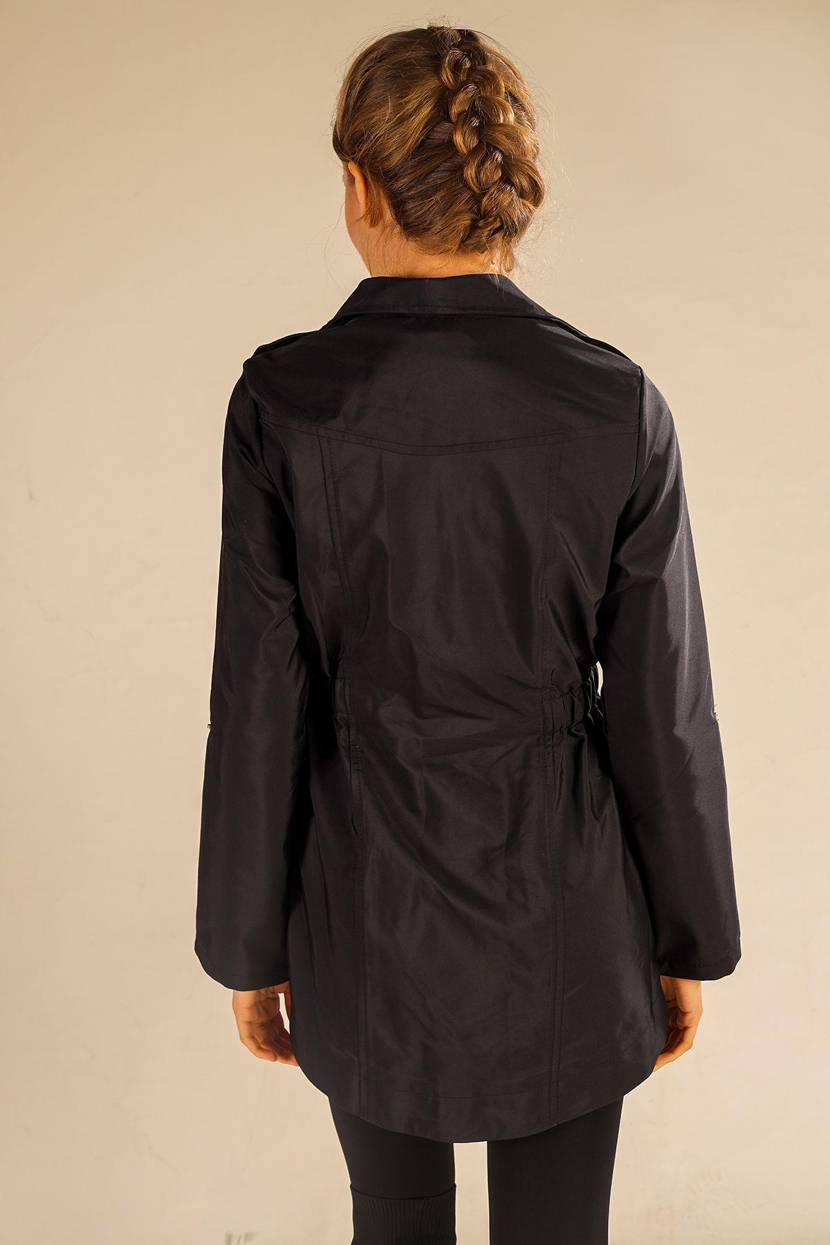 Siyah Bel Büzgülü Kol Katlama Trençkot 9168 - 5