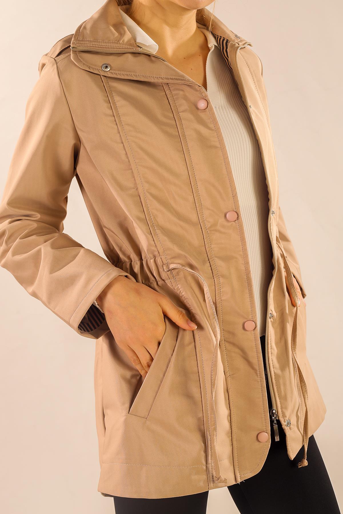 Bej Bel Büzgülü Kol Katlama Trençkot 9168 - 2