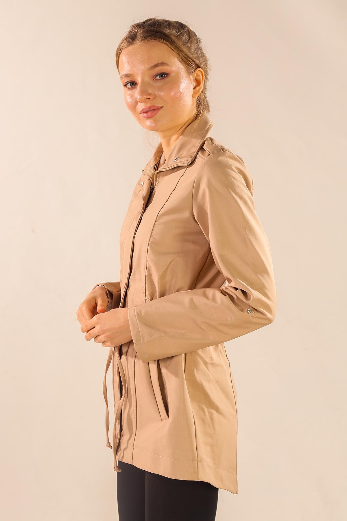 Bej Bel Büzgülü Kol Katlama Trençkot 9168 - 5