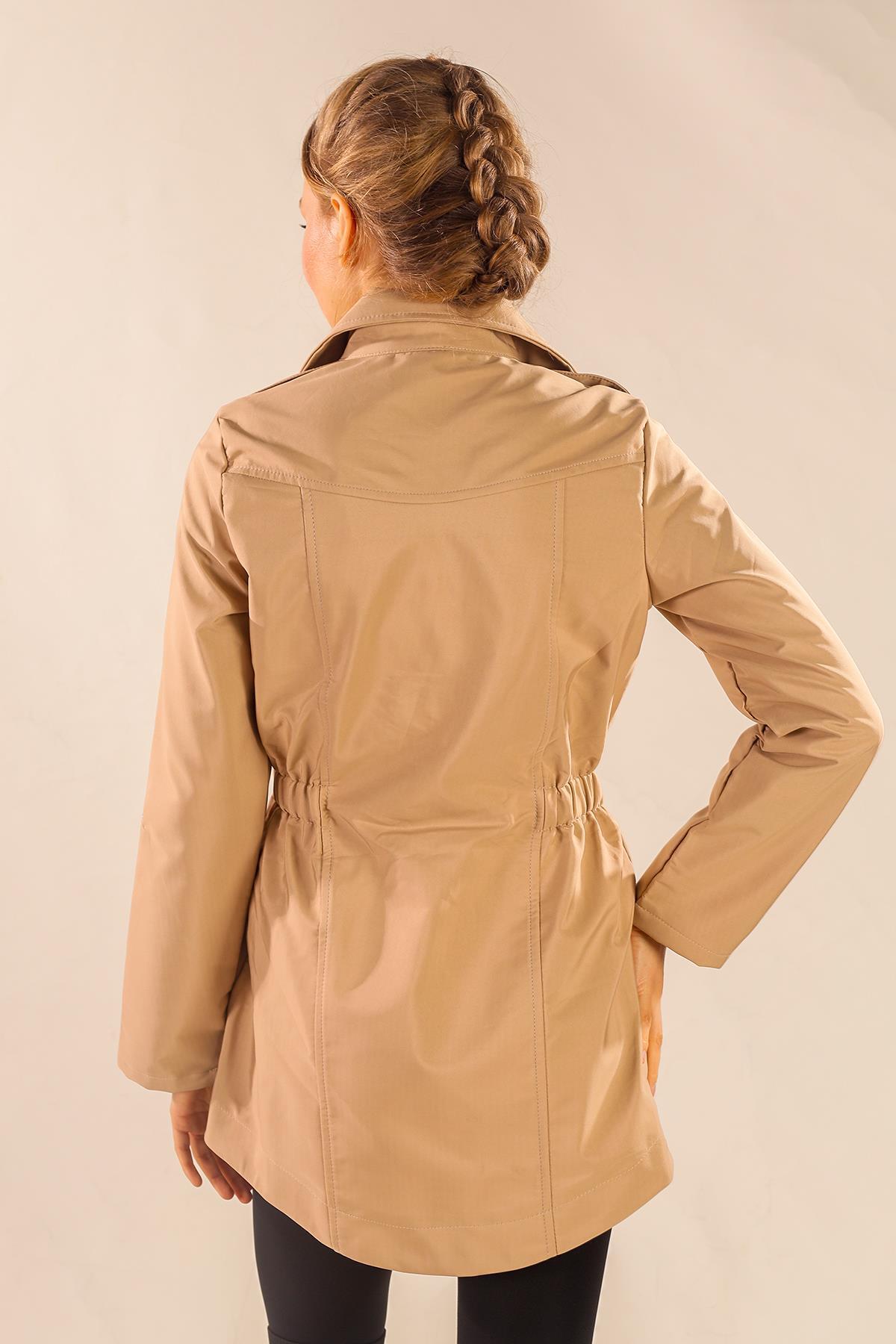 Bej Bel Büzgülü Kol Katlama Trençkot 9168 - 6