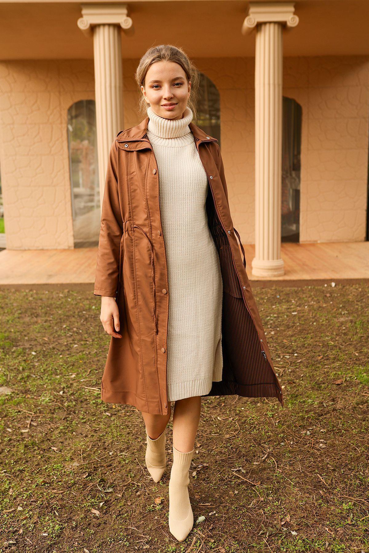 9171 Kol Katlamalı Uzun Trençkot Kahve - 3