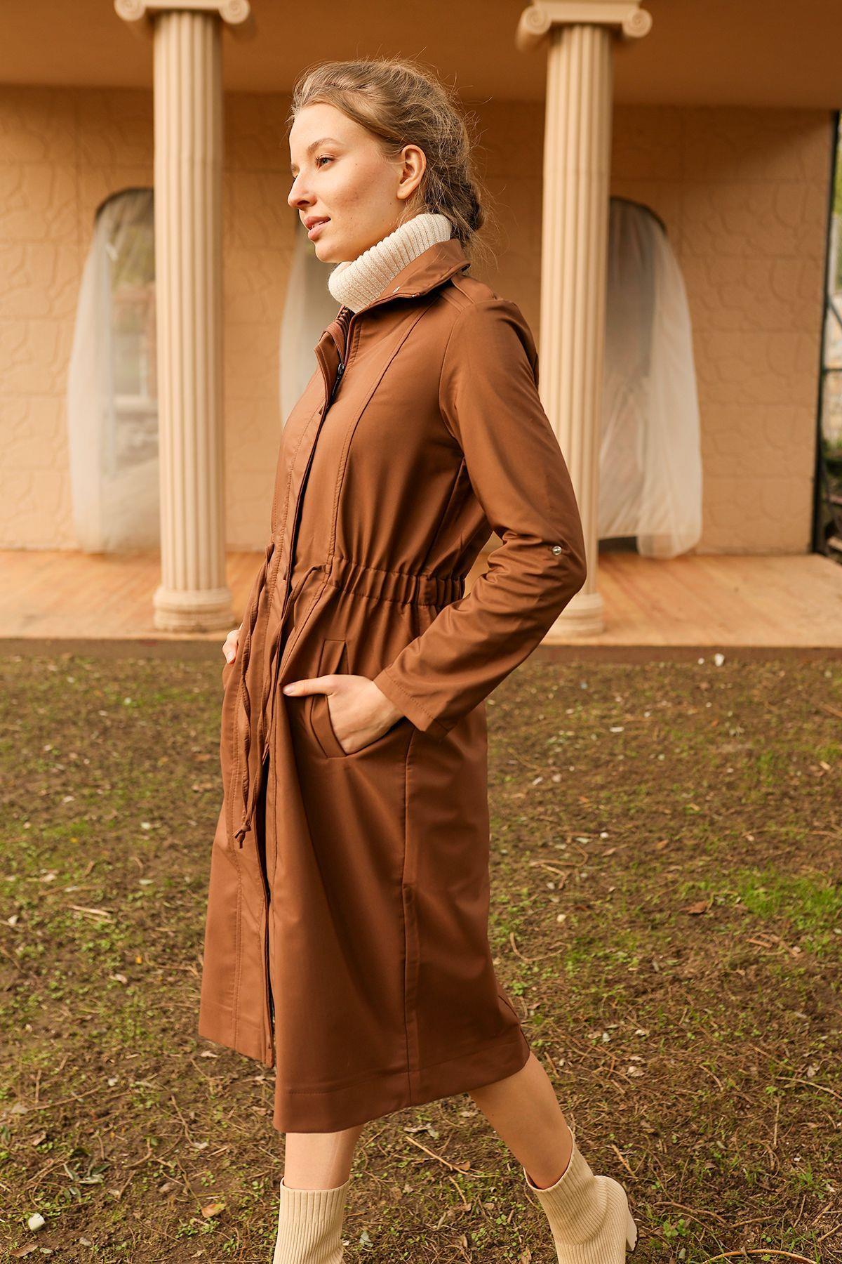 9171 Kol Katlamalı Uzun Trençkot Kahve - 5