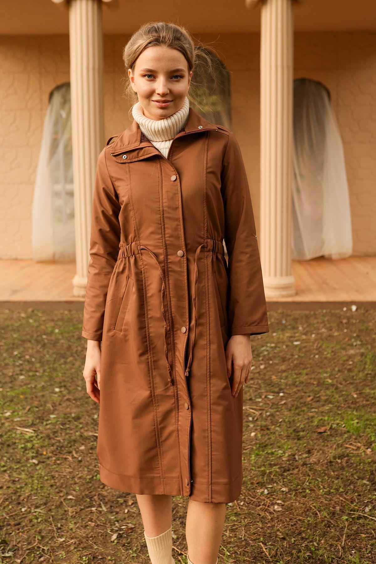 9171 Kol Katlamalı Uzun Trençkot Kahve - 7