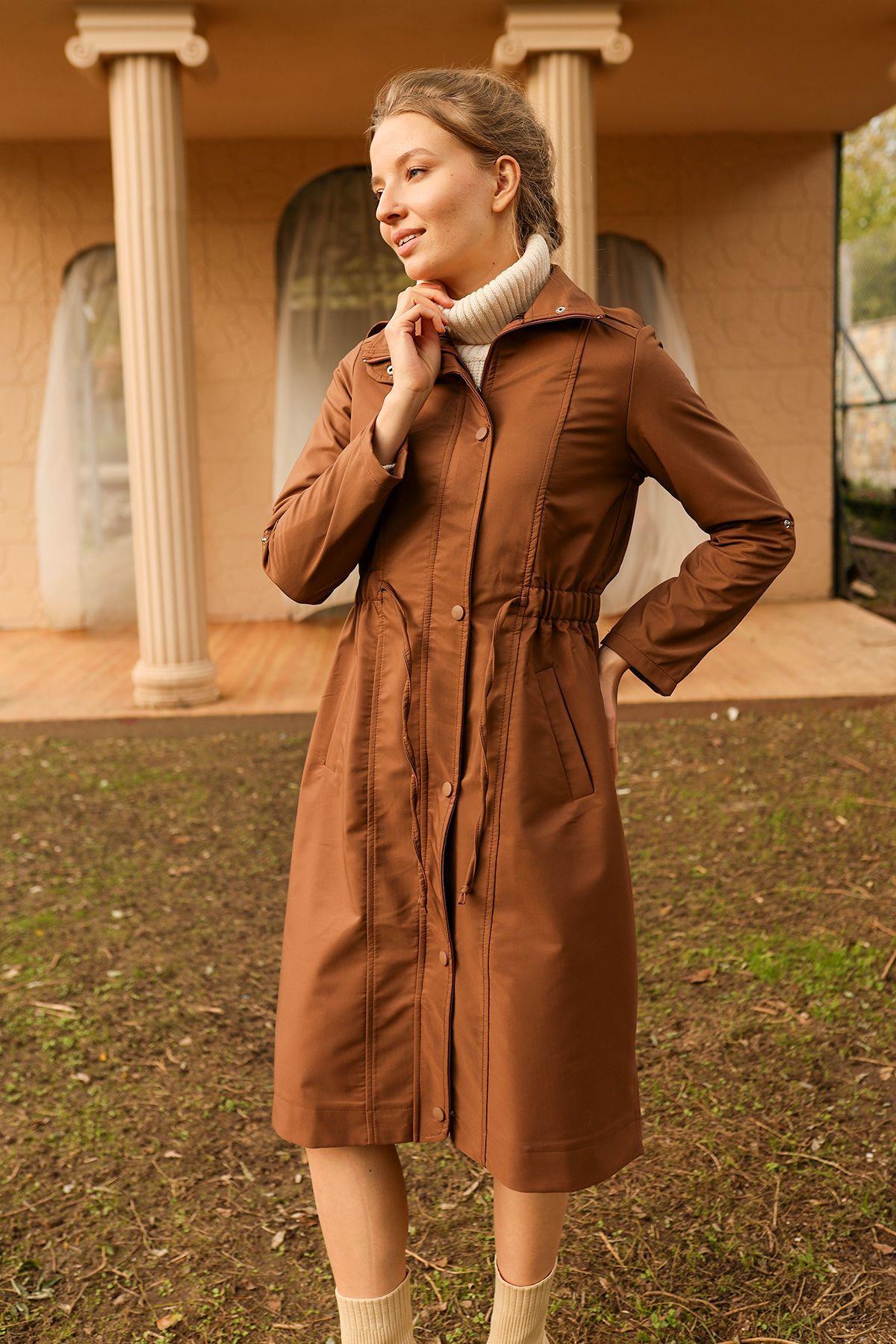 9171 Kol Katlamalı Uzun Trençkot Kahve - 6