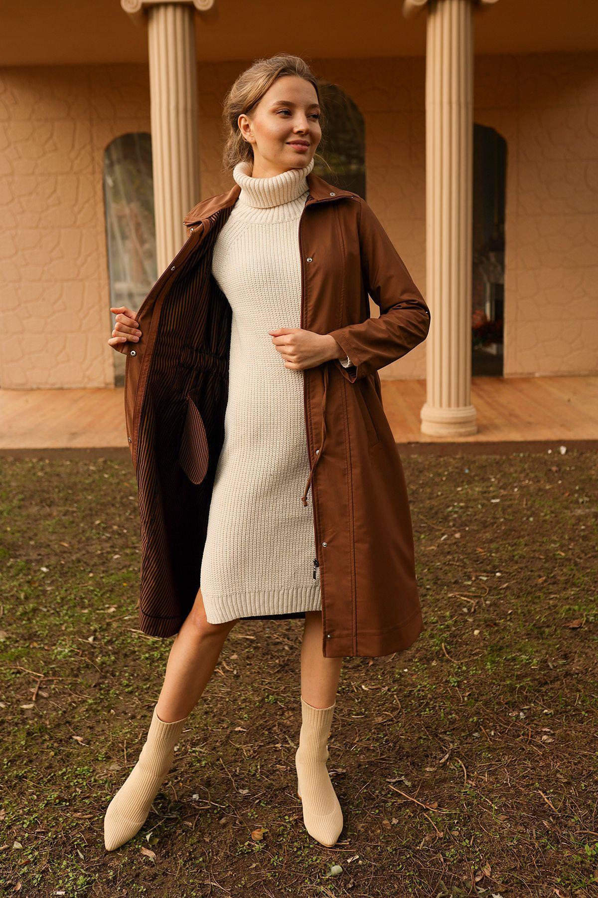 Kahve Kol Katlamalı Uzun Trençkot 9171 - 2