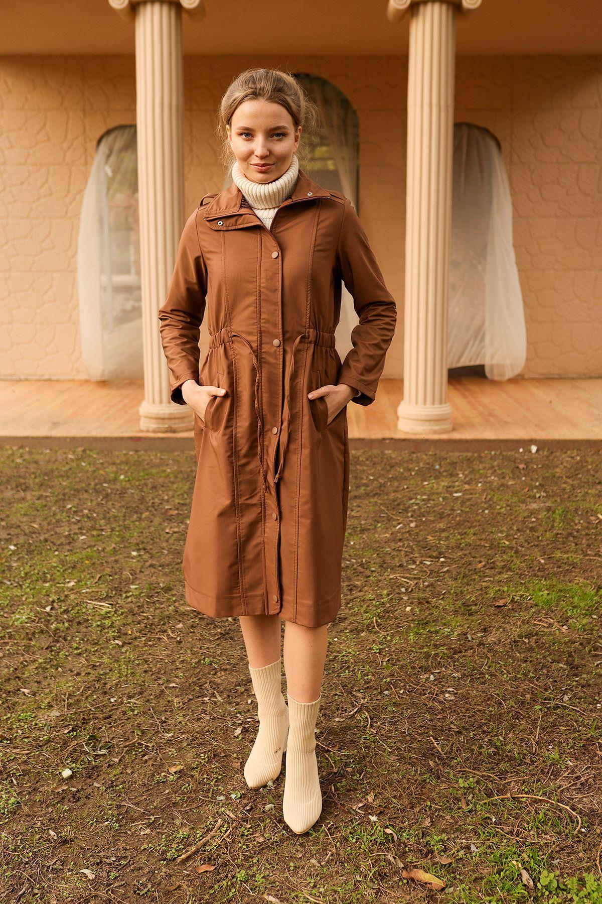 Kahve Kol Katlamalı Uzun Trençkot 9171 - 4