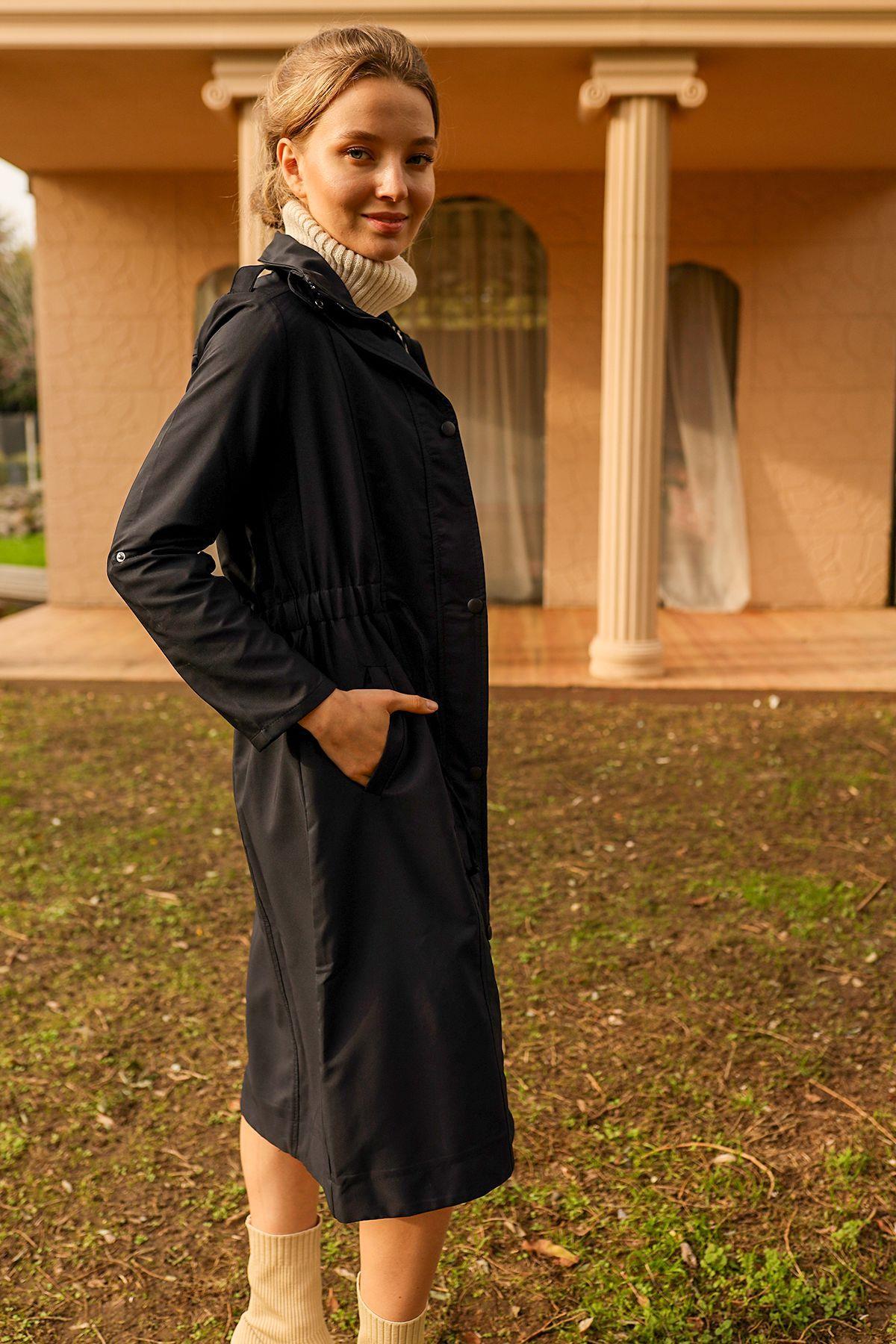 9171 Kol Katlamalı Uzun Trençkot Siyah - 5