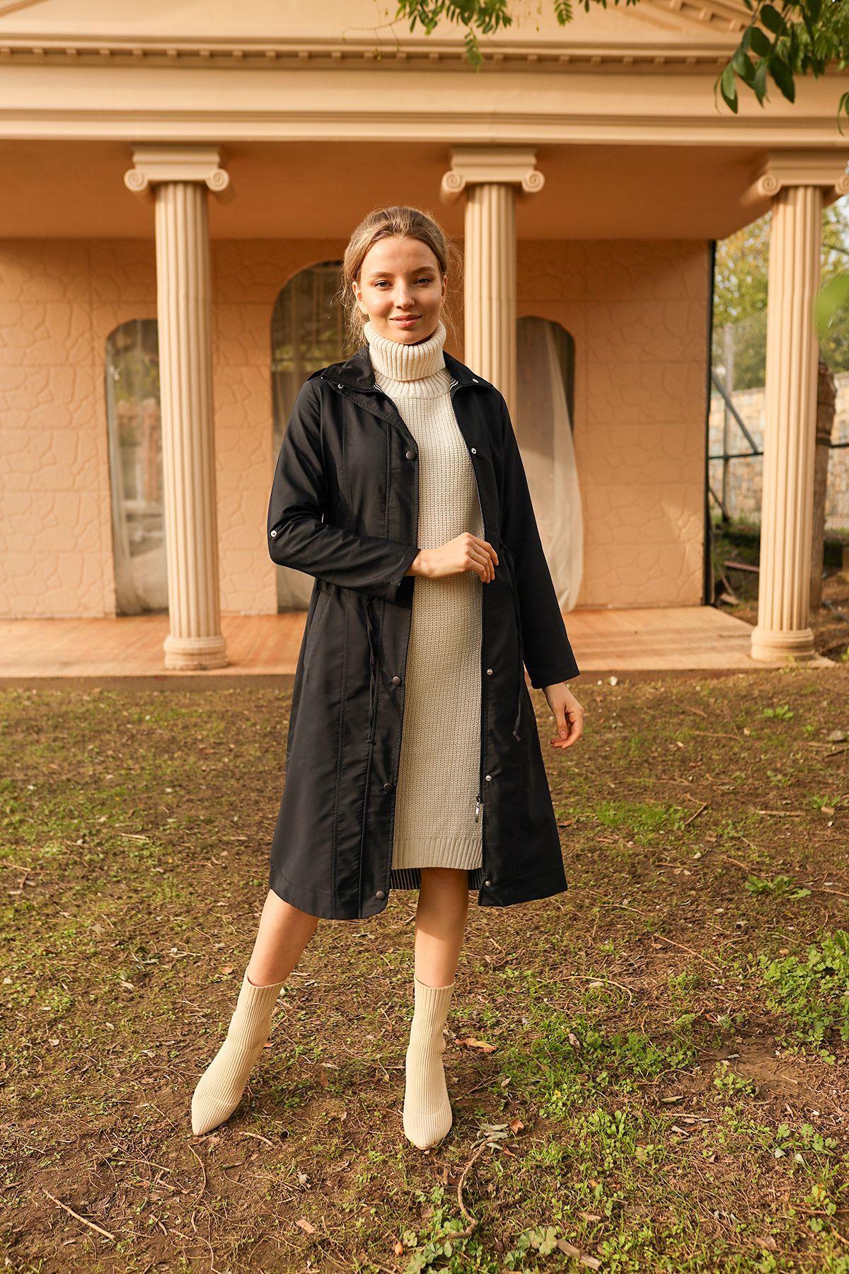 Siyah Kol Katlamalı Uzun Trençkot 9171 - 2