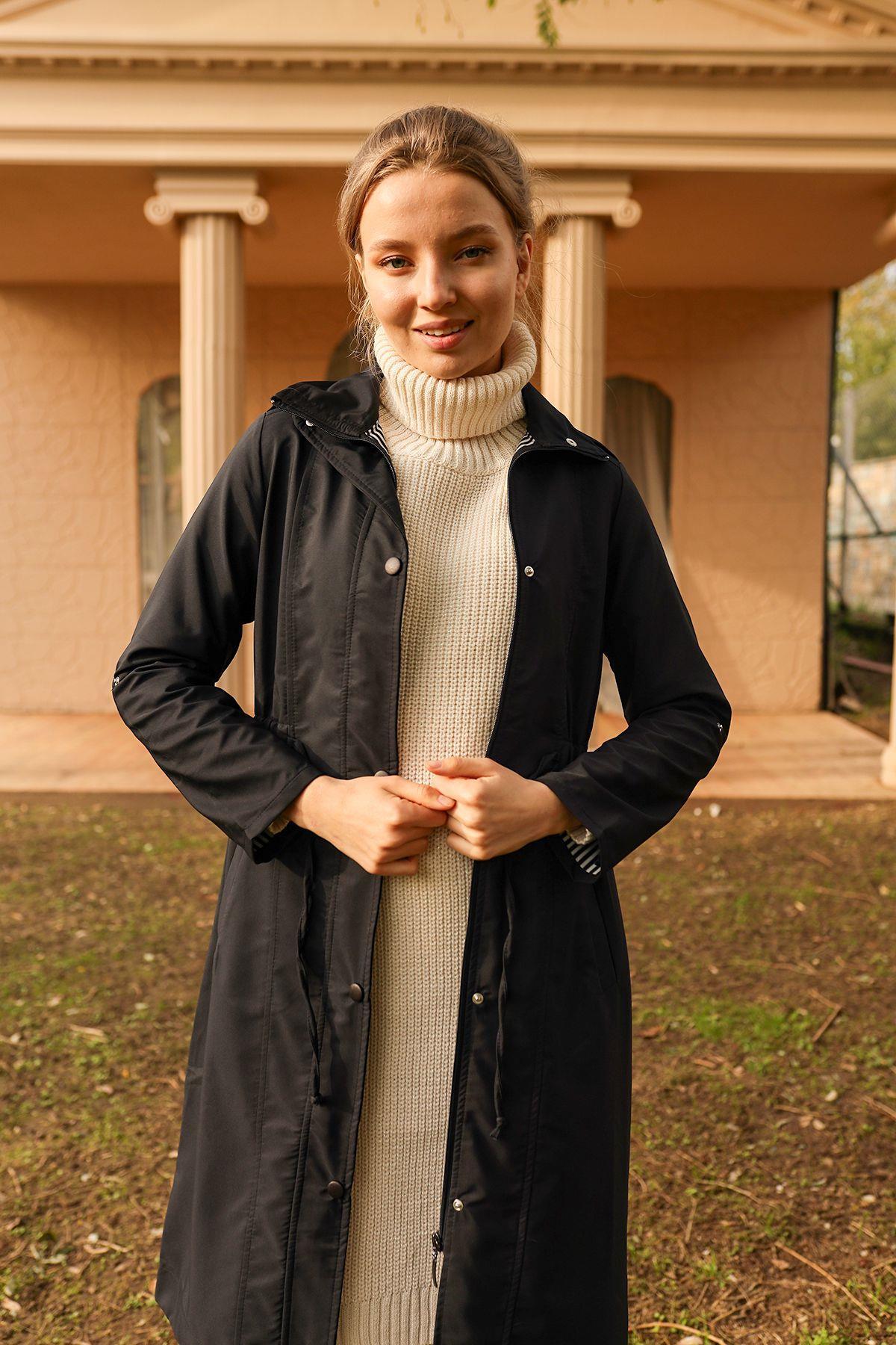 Siyah Kol Katlamalı Uzun Trençkot 9171 - 3