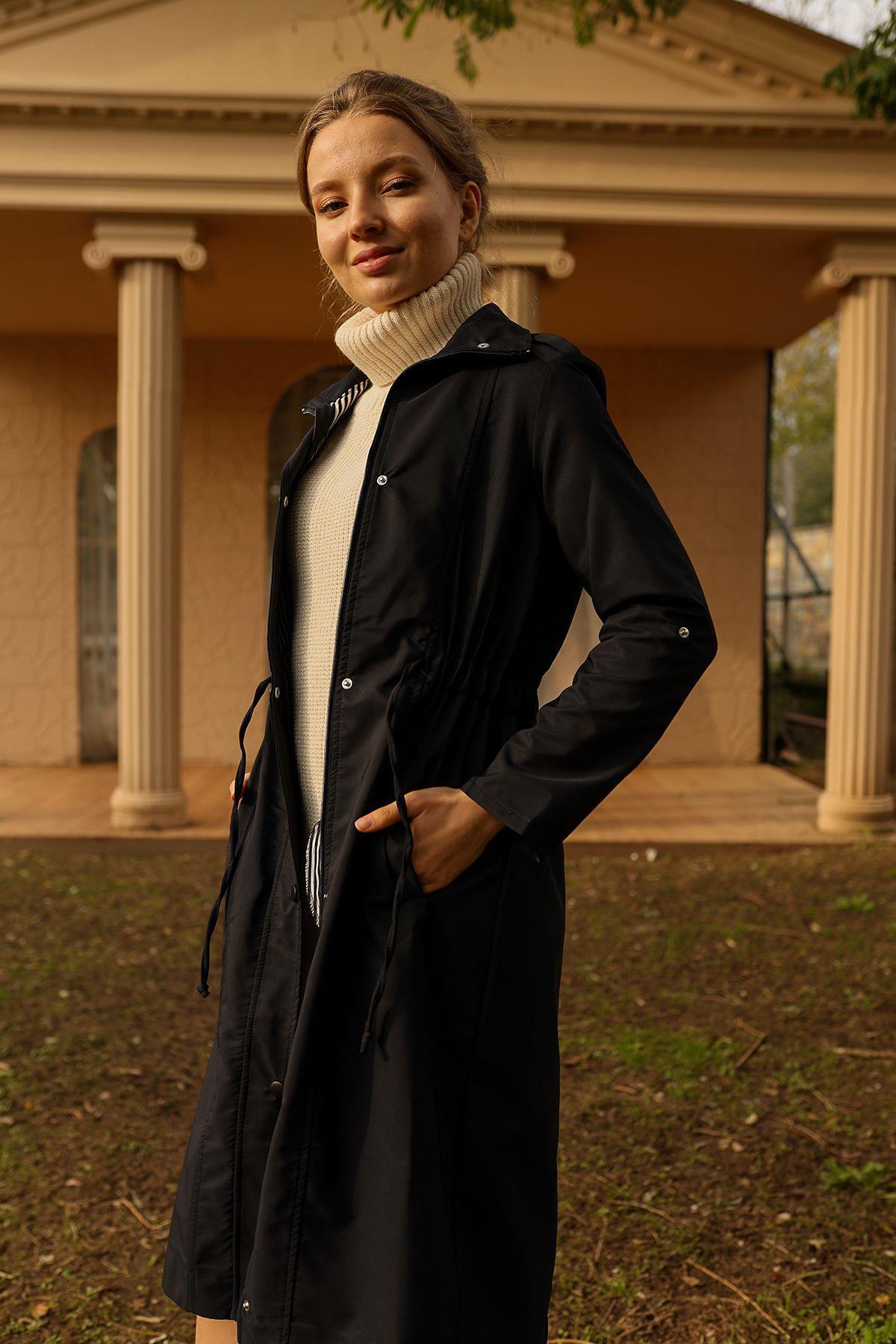 Siyah Kol Katlamalı Uzun Trençkot 9171 - 7