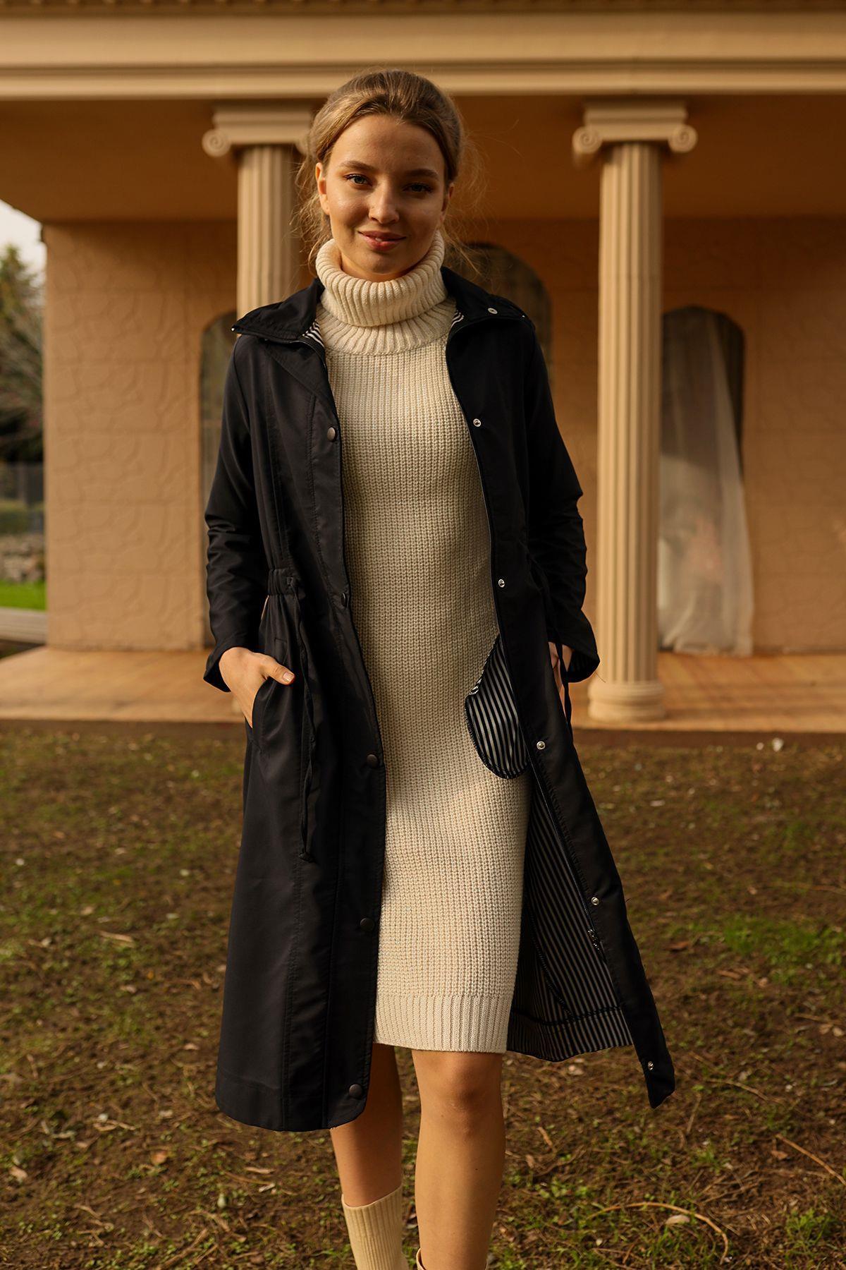 Siyah Kol Katlamalı Uzun Trençkot 9171 - 8