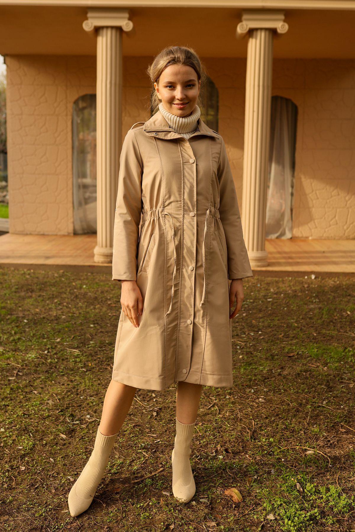 9171 Kol Katlamalı Uzun Trençkot Taş - 2